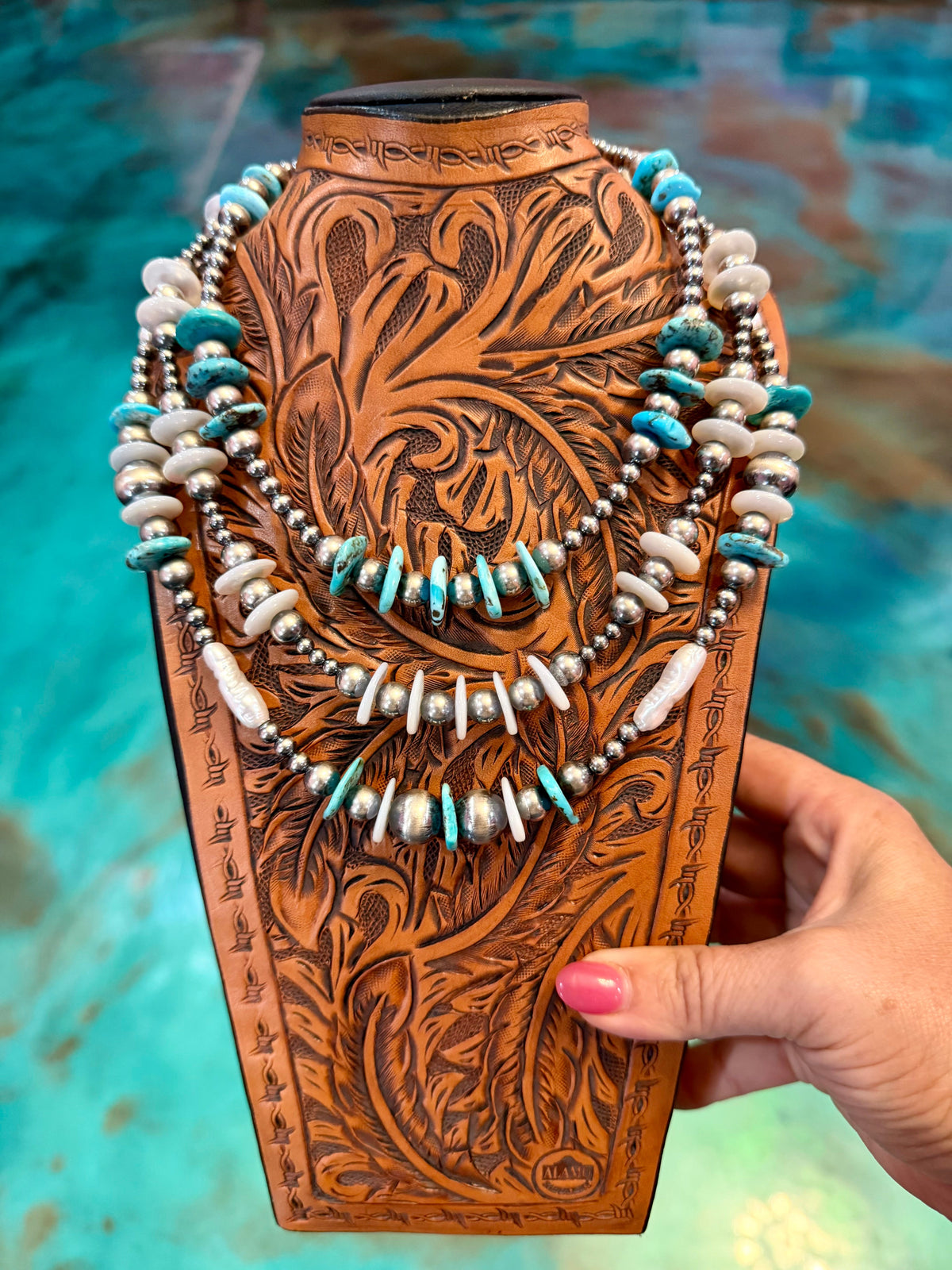 Jaci Stack – Baby Blue Turquoise, Freshwater Pearl & Sterling Silver Necklaces