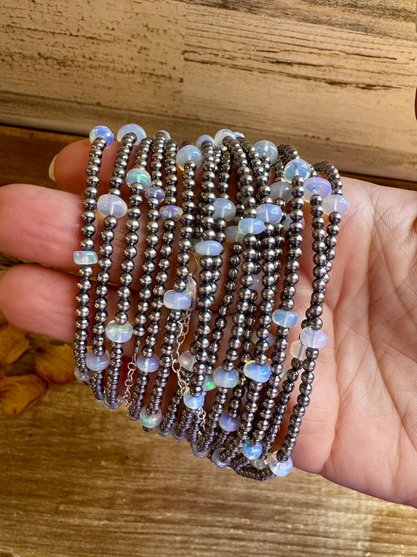 15" White Opal Necklace with Sterling Silver Pearls