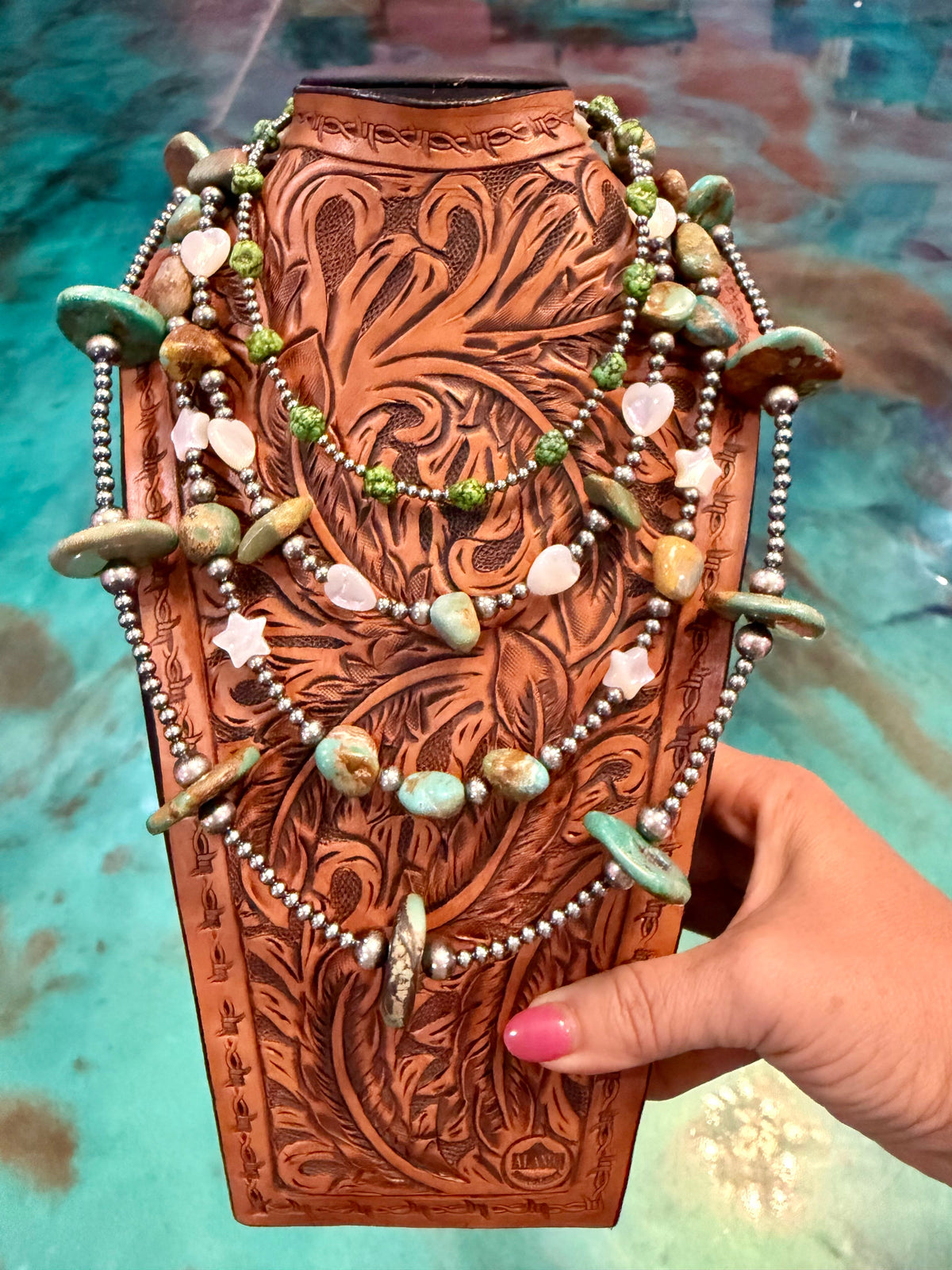 One Time Pieces – Green Turquoise, White Shell & Sterling Silver Necklaces