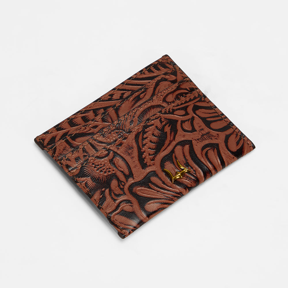 Loyal West SHELL CARD HOLDER IN HAND FINISHED EMBOSSED LEATHER - BROWN