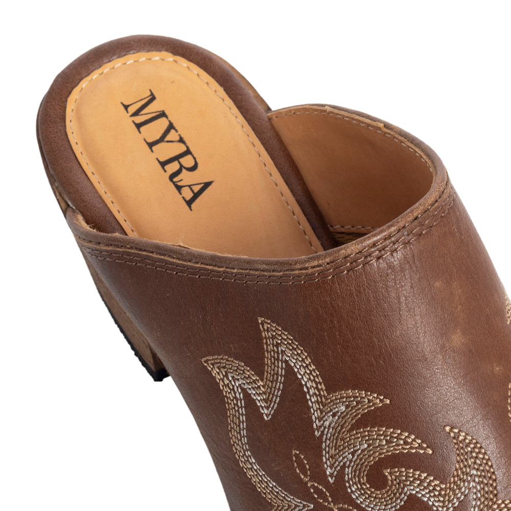 Myra Ximena Ranch Brown Embroidered Mules for Women Pointed Toe, Low Block Heel Western Leather Shoes
