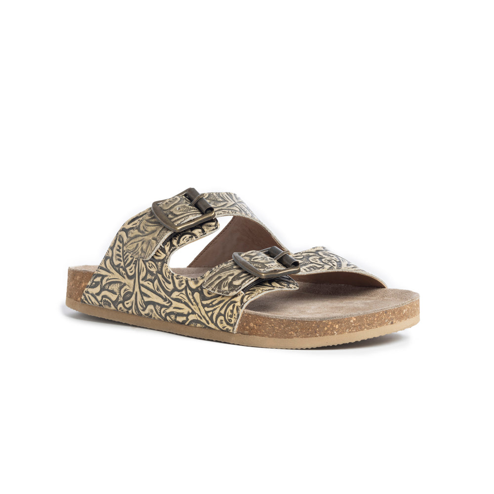 Myra Rio Amarillo Embossed Leather Sandals for Women in Beige – Dual Buckle Design, Cork Sole Comfort, Western Slip-on