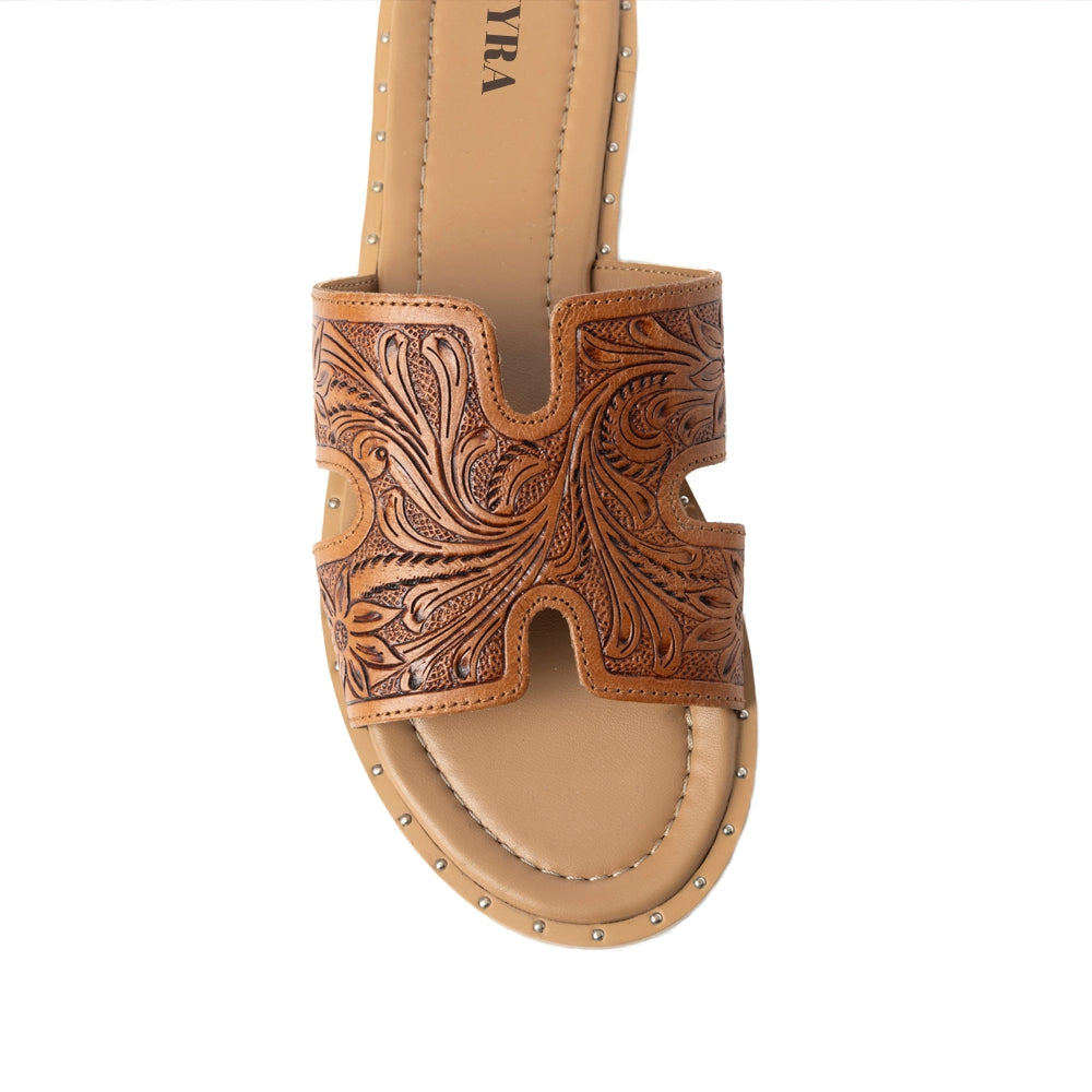 Myra Carmina Anne Tan Embossed Leather Slip-On Sandals for Women – Western H-Cut Slides with Studded Trim