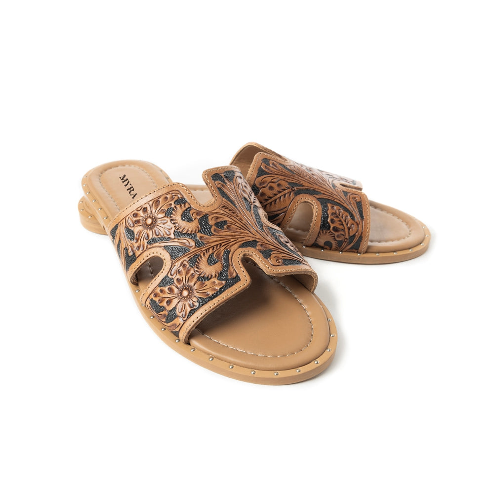 Myra Carmina Anne Dark Embossed Leather Slip-On Sandals for Women – Western H-Cut Slides with Studded Trim