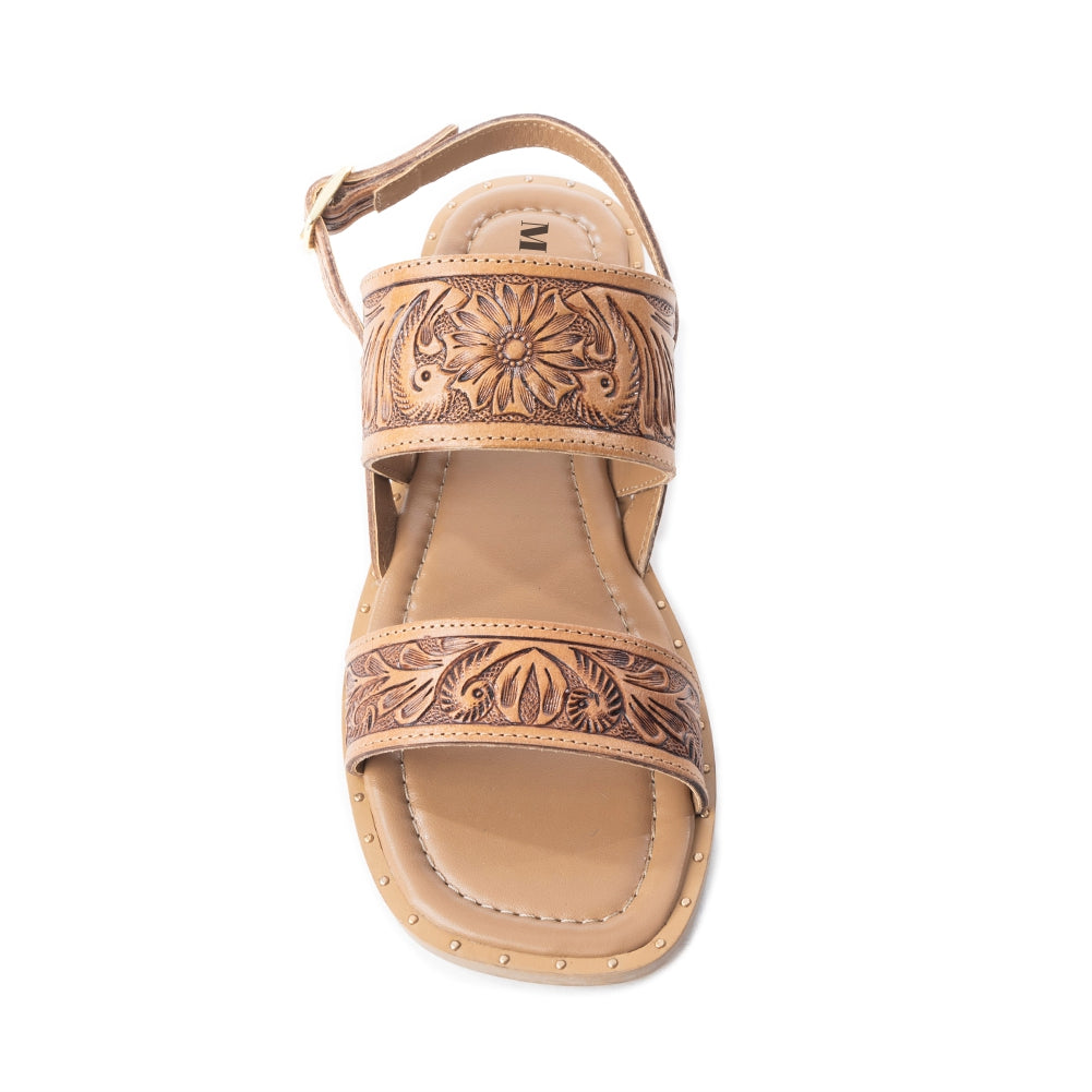 Myra Wildflower Wanderer Handtooled Leather Sandals for Women – Ankle Buckle Strap, Western Floral Carving, Everyday Comfort