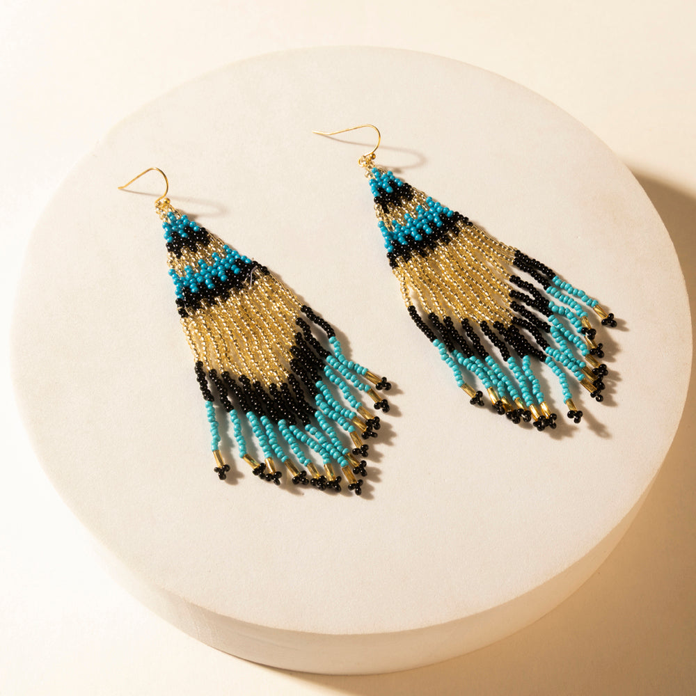 Myra Dune Glow Beaded Fringe Earrings in Skyfall Blue