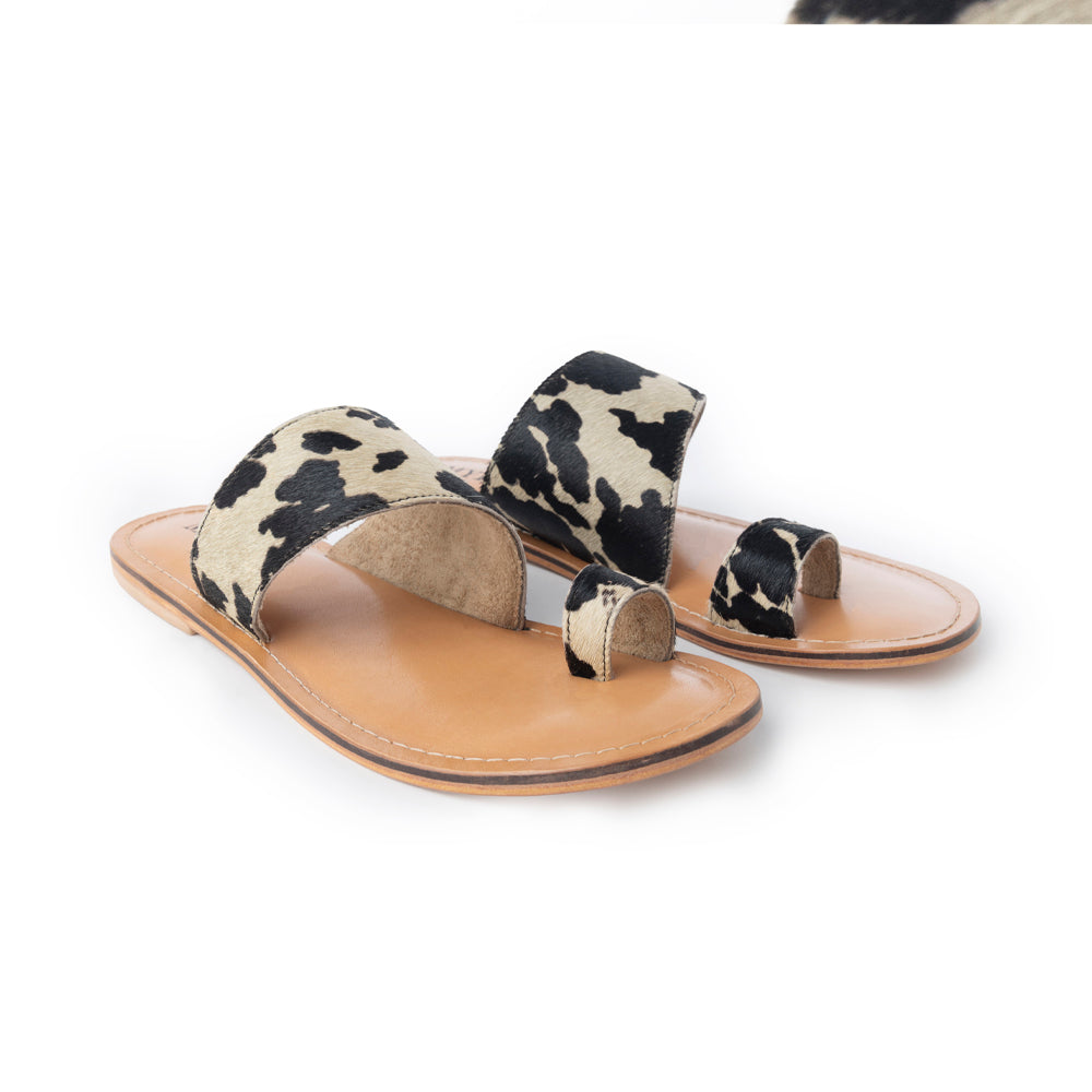 Myra Cattle Trail Hairon Leather Sandals in Ivory Cowhide