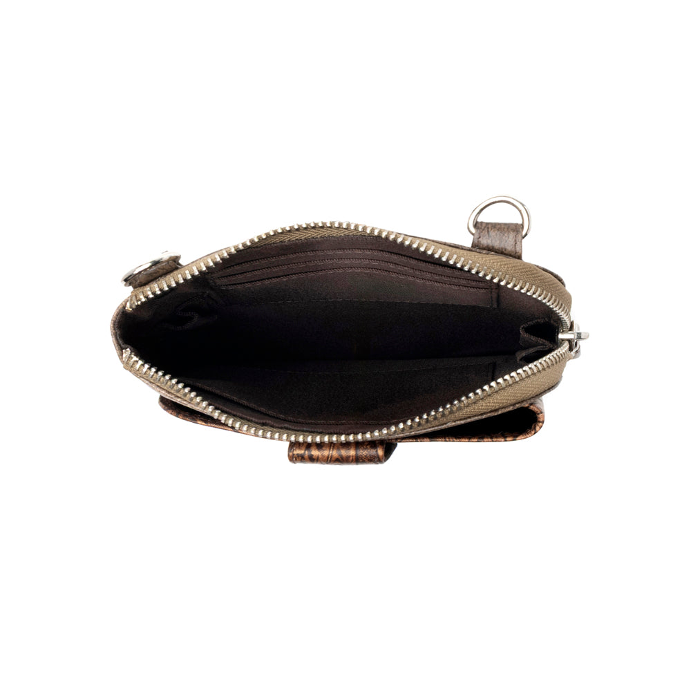 Myra Coyote Bloom Embossed mini sling for Women in walnut with floral detail