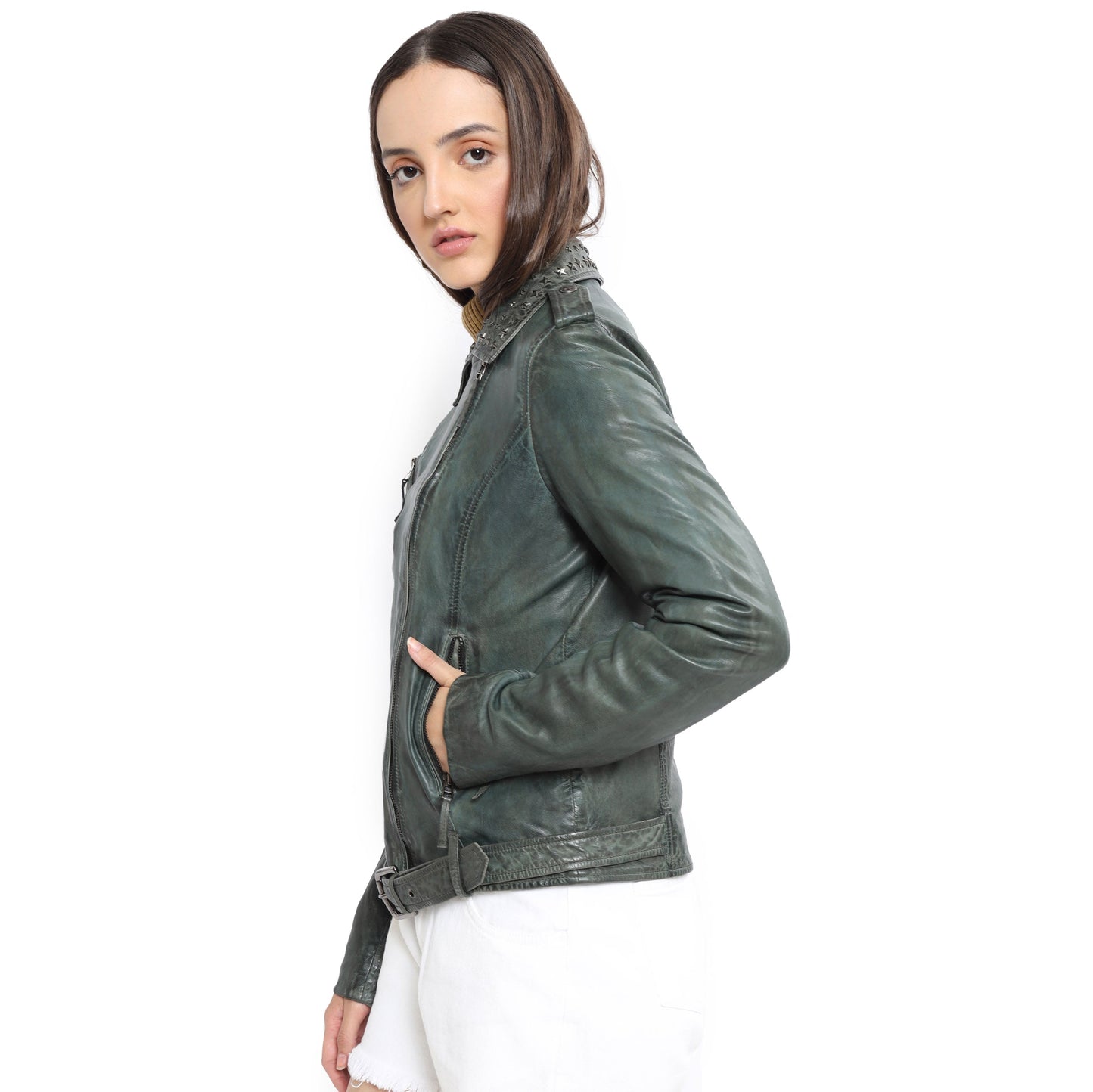 Washed Green Studded LEATHER Jacket