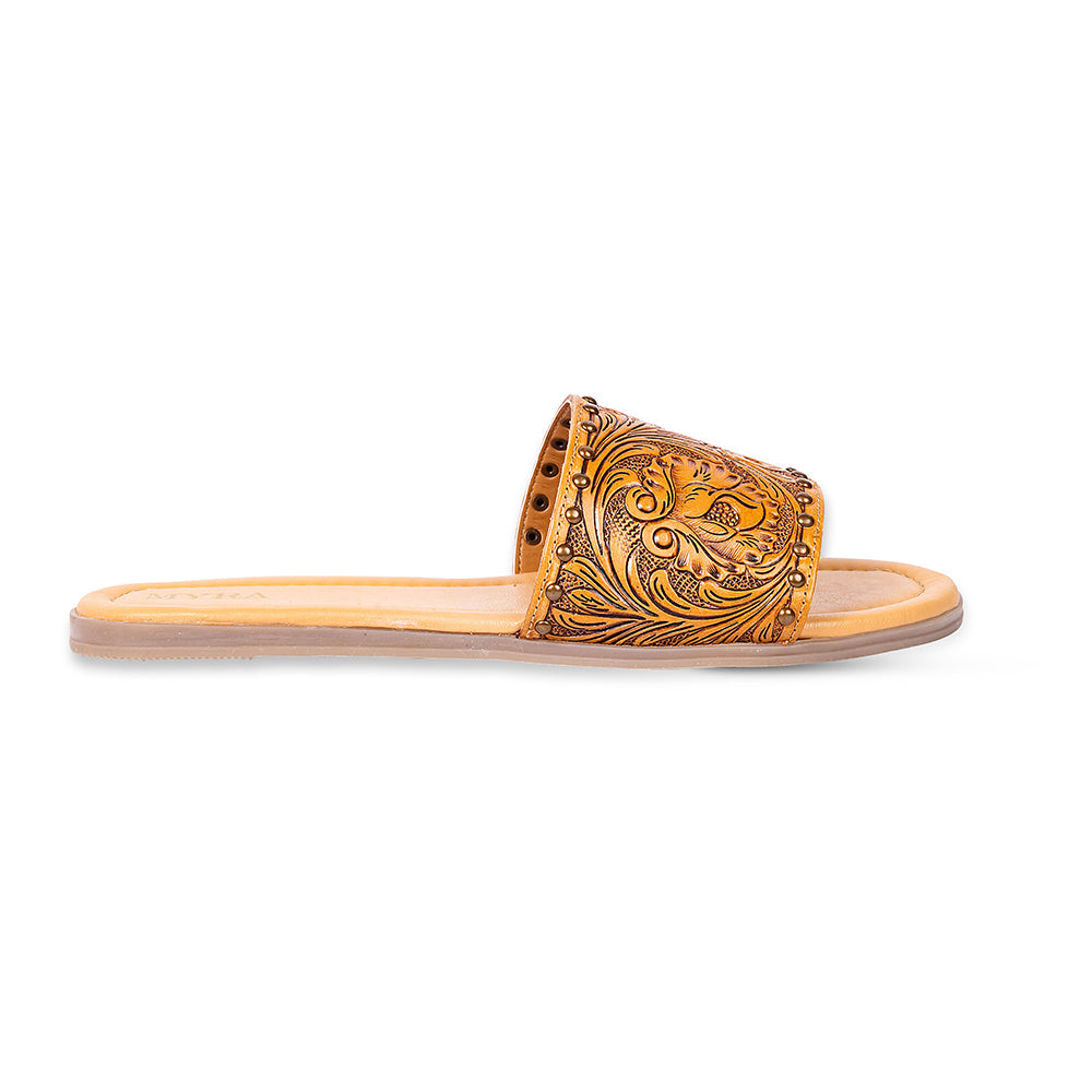 Myra Kasandra Handtooled Leather Slip-Ons for Women – Western Slides with Tooled Floral Design and Padded Insole