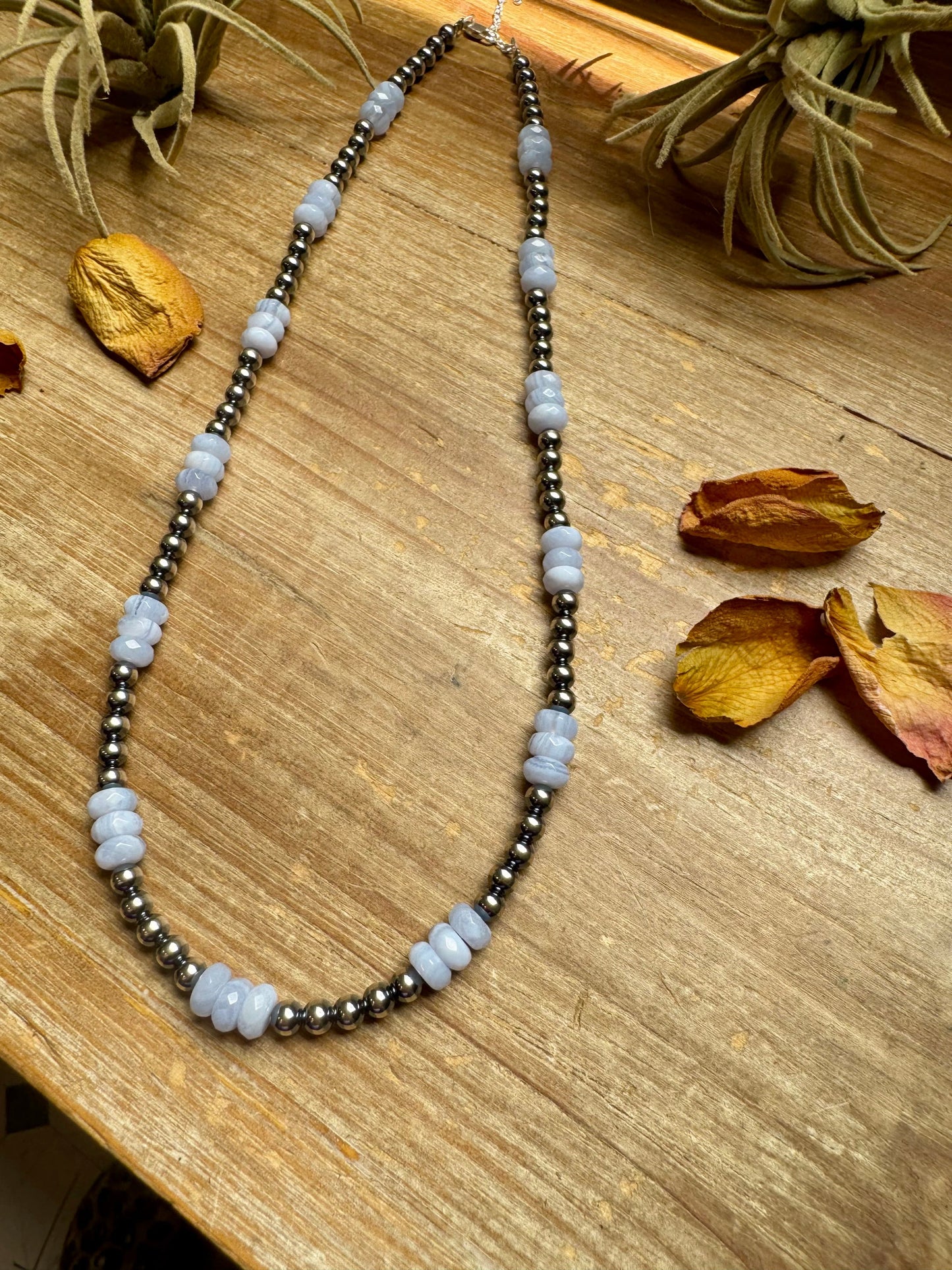 Blue Lace Agate & Sterling Silver Pearl Necklace – 20 ½” Plus Extender