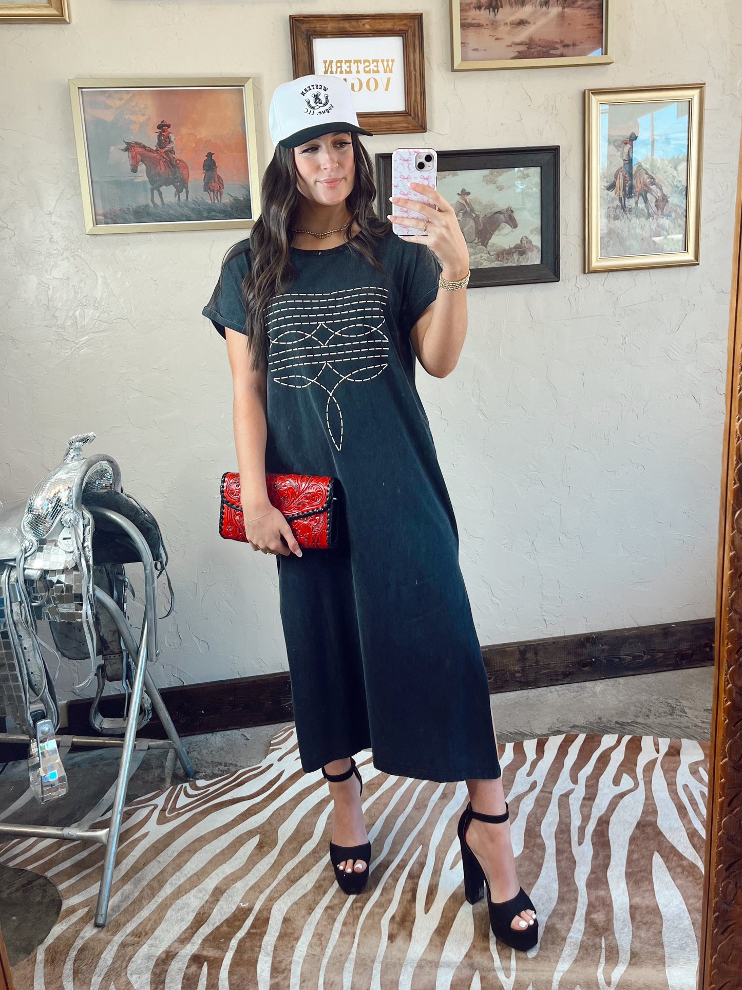 The Western Boot Stitch T-Shirt Dress in Brown
