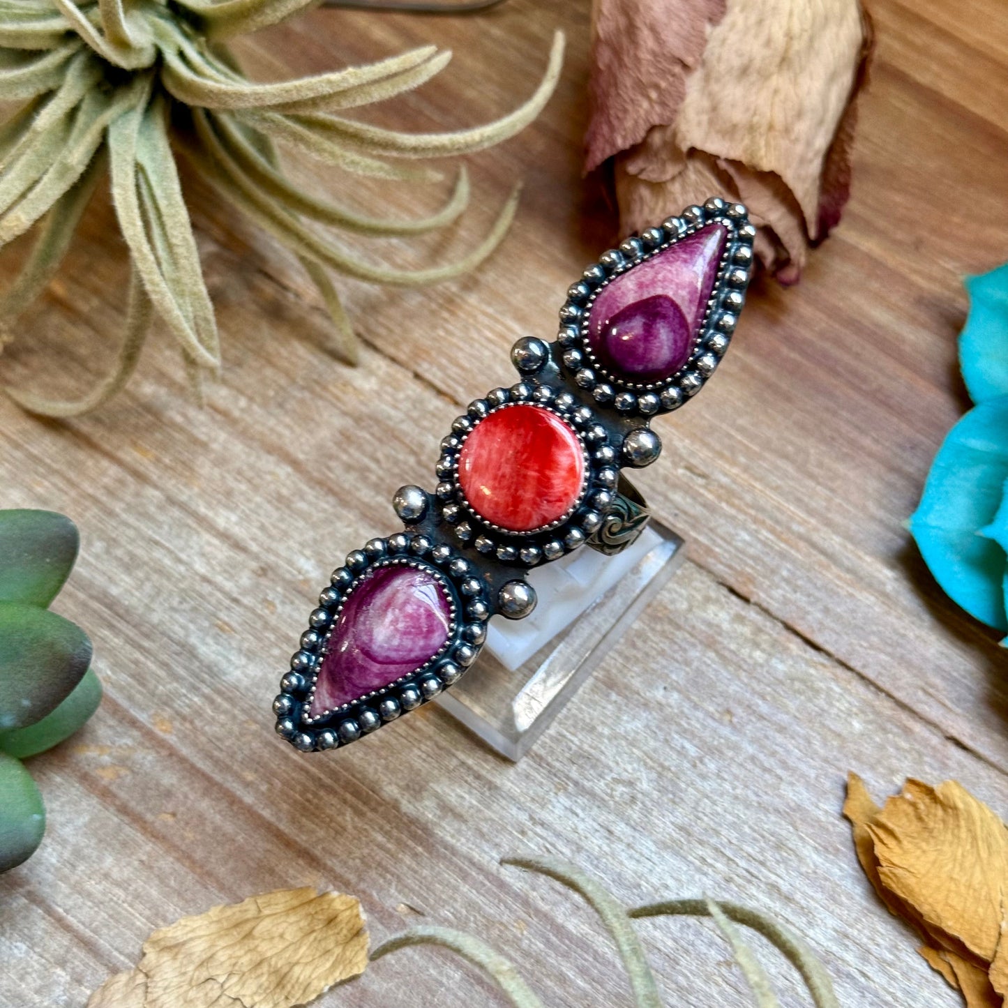 MJ Ring Three-Stone Purple & Red Spiny Oyster Sterling Silver