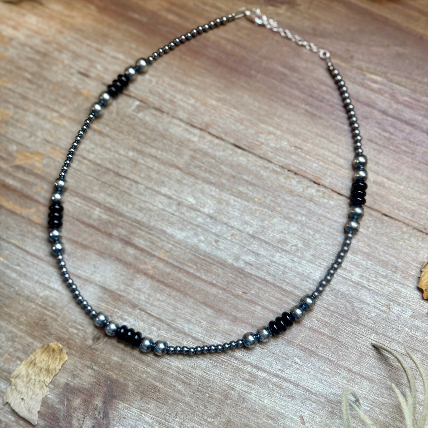 Sterling Silver Pearl & Black Onyx Necklace – 15" Plus Extender