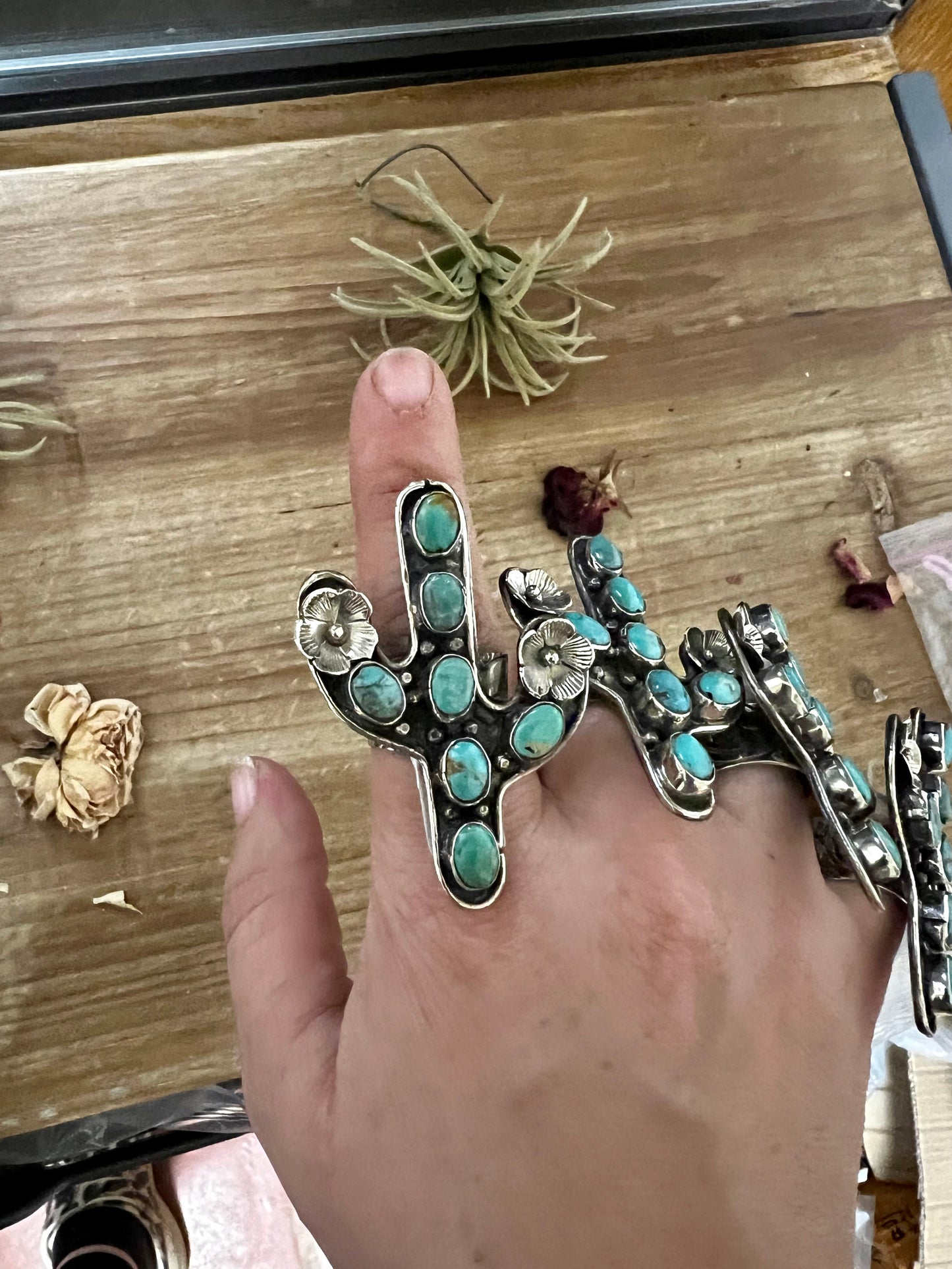 Blue Turquoise Cactus Ring with Flower