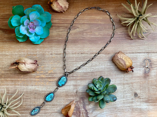 MJ 2 in 1 Three-Stone Turquoise Pendant & Handmade Paperclip Chain