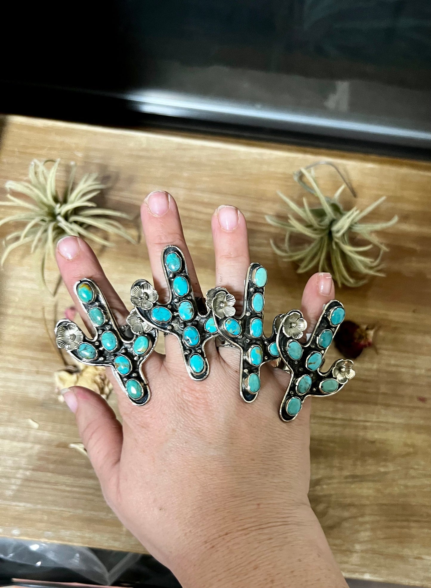 Blue Turquoise Cactus Ring with Flower