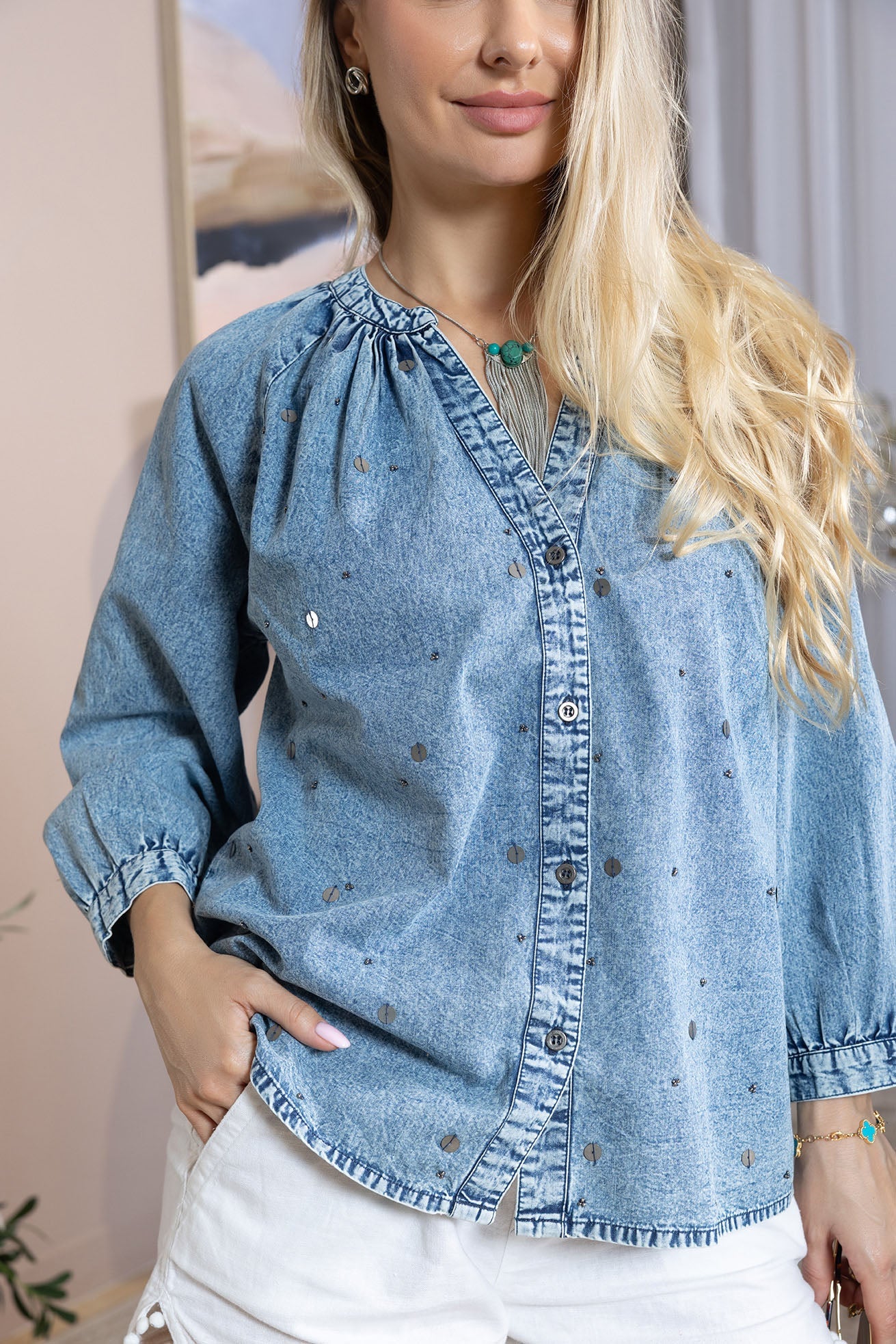 Stitched in Stardust Top in Washed Blue