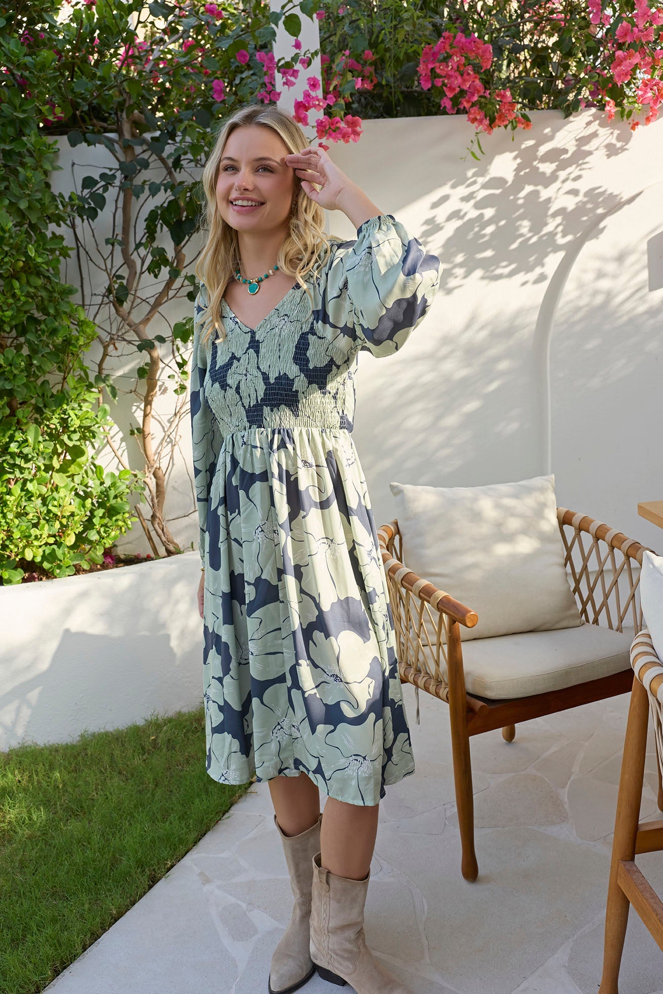 Wildmint Ruffle Smocking Dress in  Beige & Light Cream