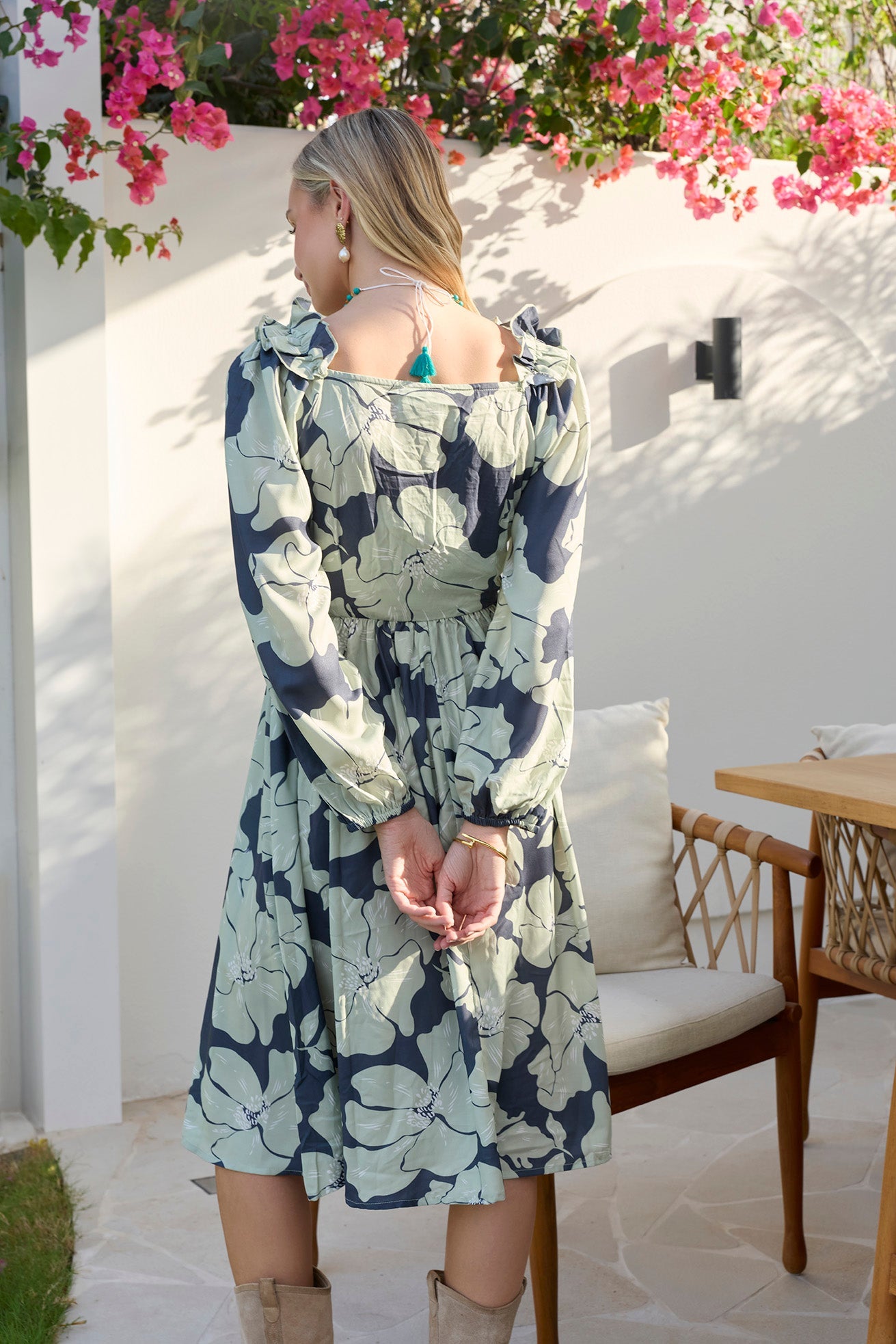 Wildmint Ruffle Smocking Dress in  Beige & Light Cream