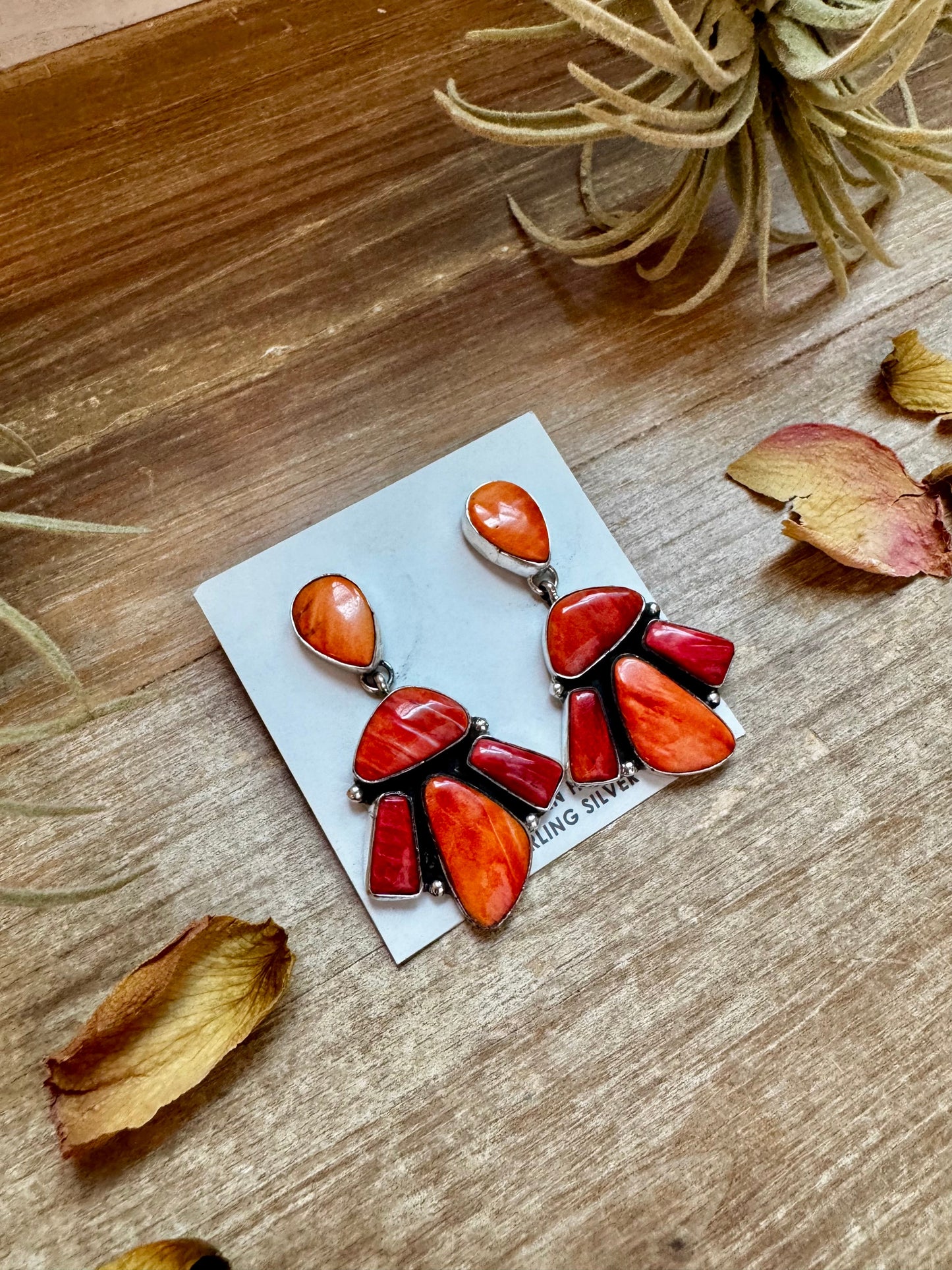 Spiny Oyster & Orange Cluster Earrings – Dangle with Stud Post