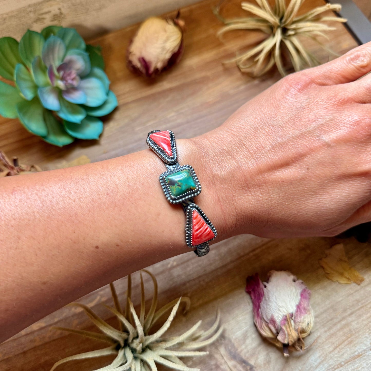 MJ Turquoise & Red Spiny Oyster Sterling Silver Cuff