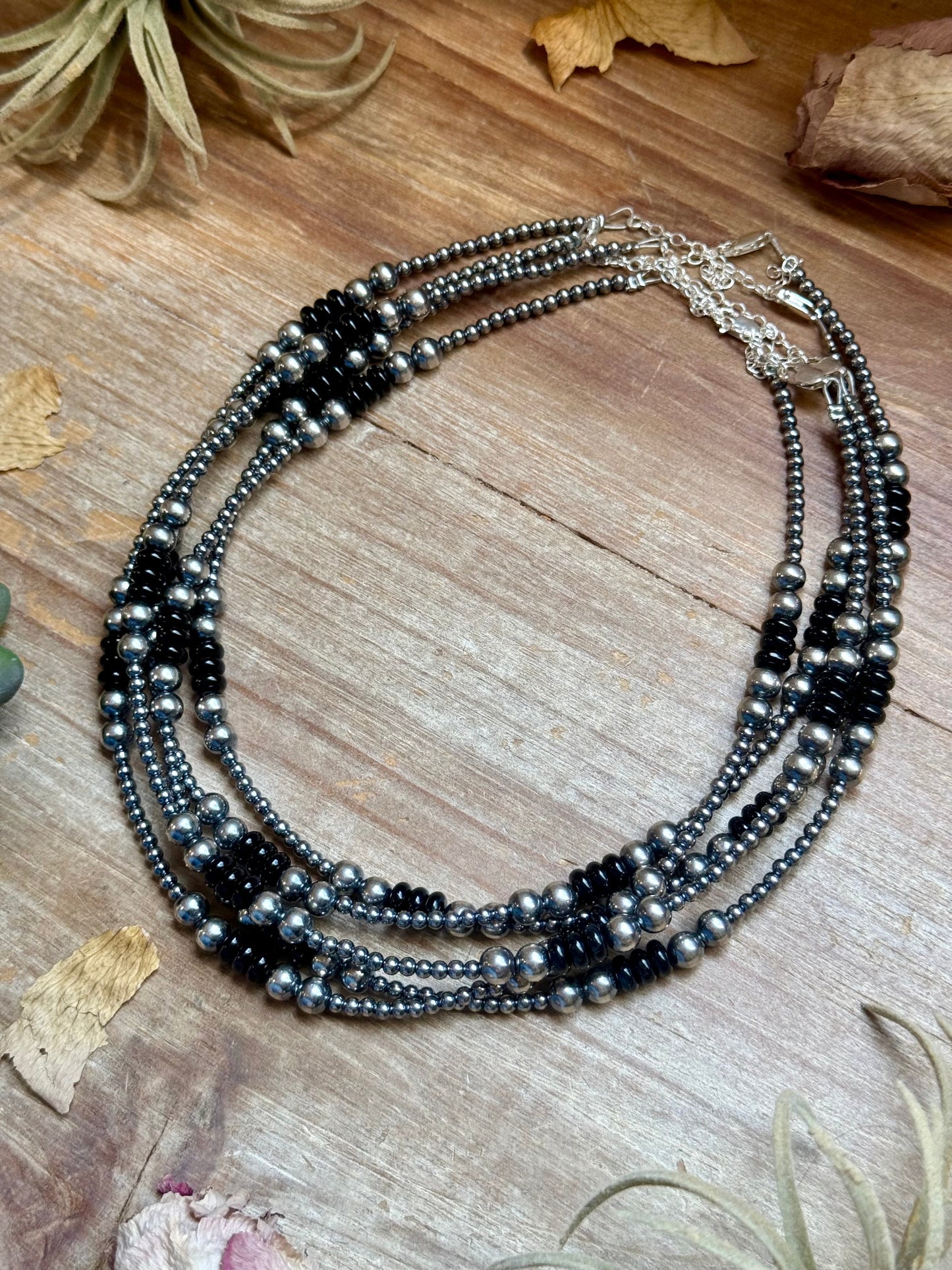 Sterling Silver Pearl & Black Onyx Necklace – 15" Plus Extender