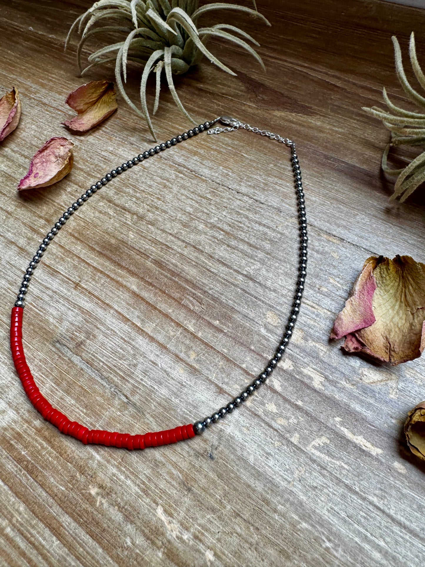 15-Inch Red Magnesite Heishi Necklace – Sterling Silver Pearls, Handmade
