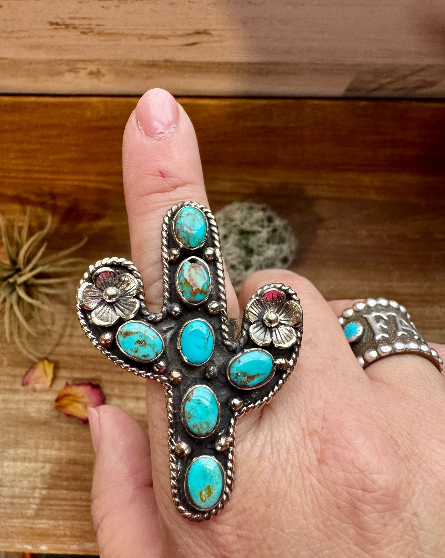 Blue Turquoise Cactus Ring with Flower