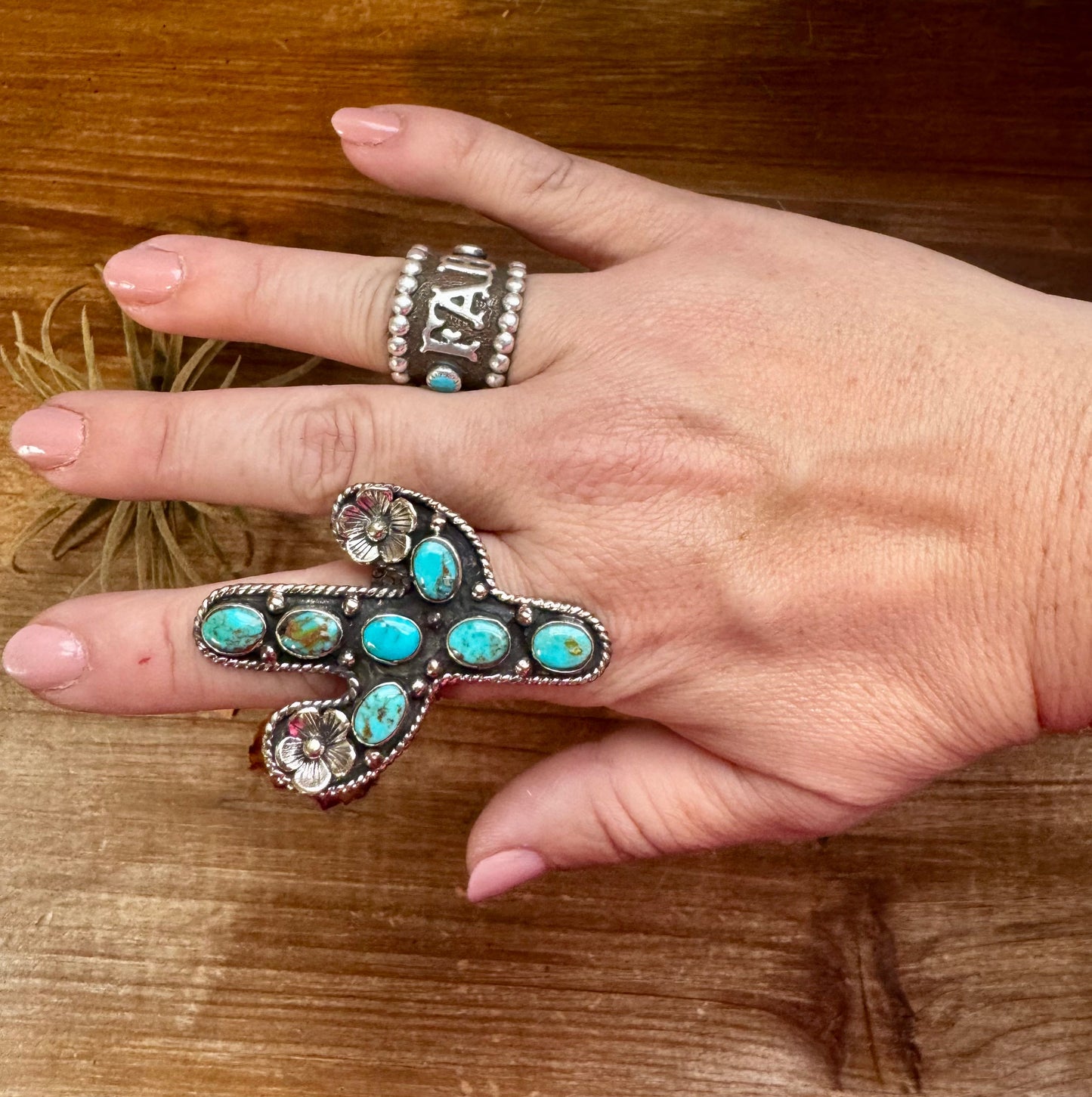 Blue Turquoise Cactus Ring with Flower