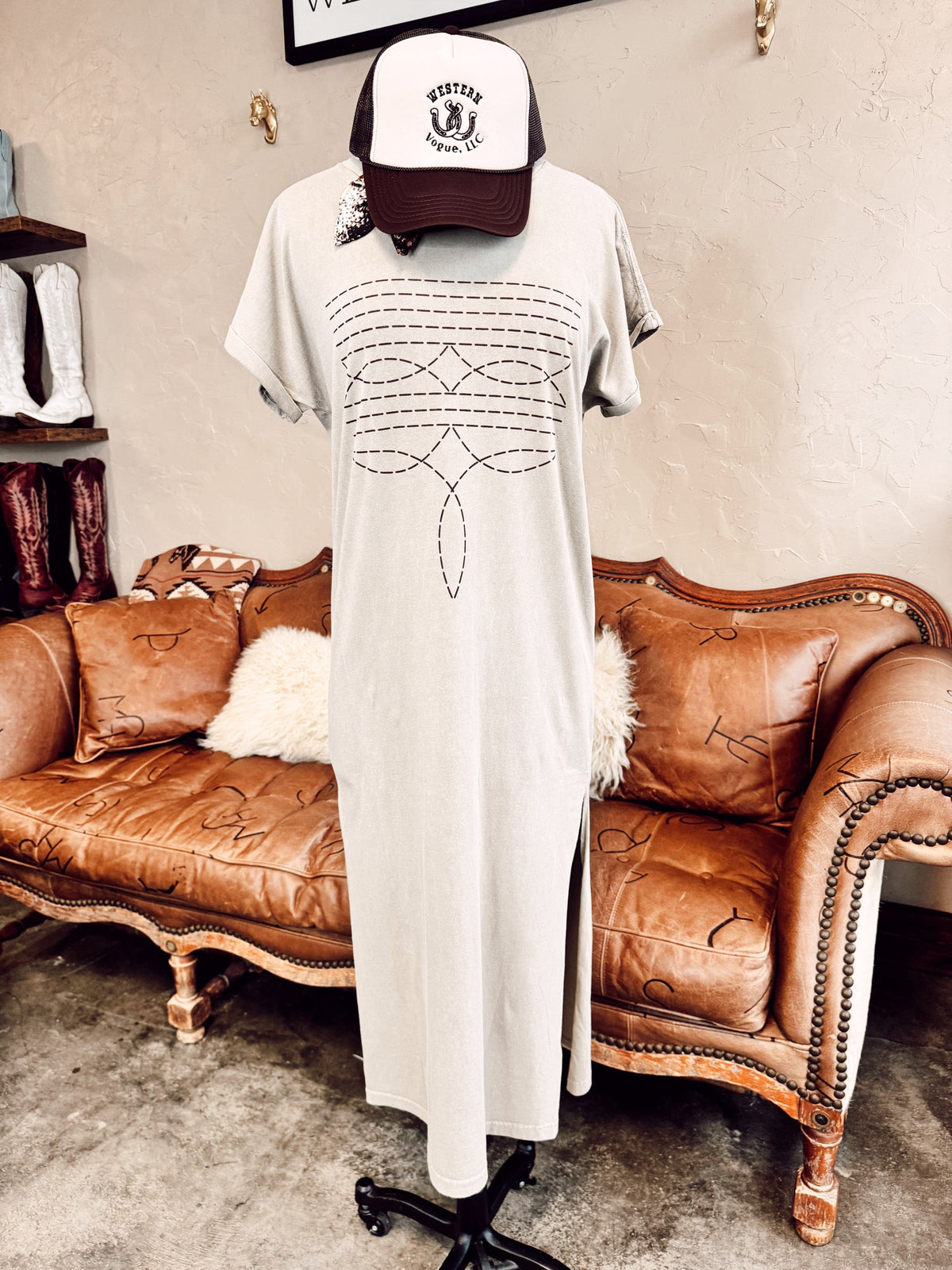 The Western Boot Stitch T-Shirt Dress in Bone