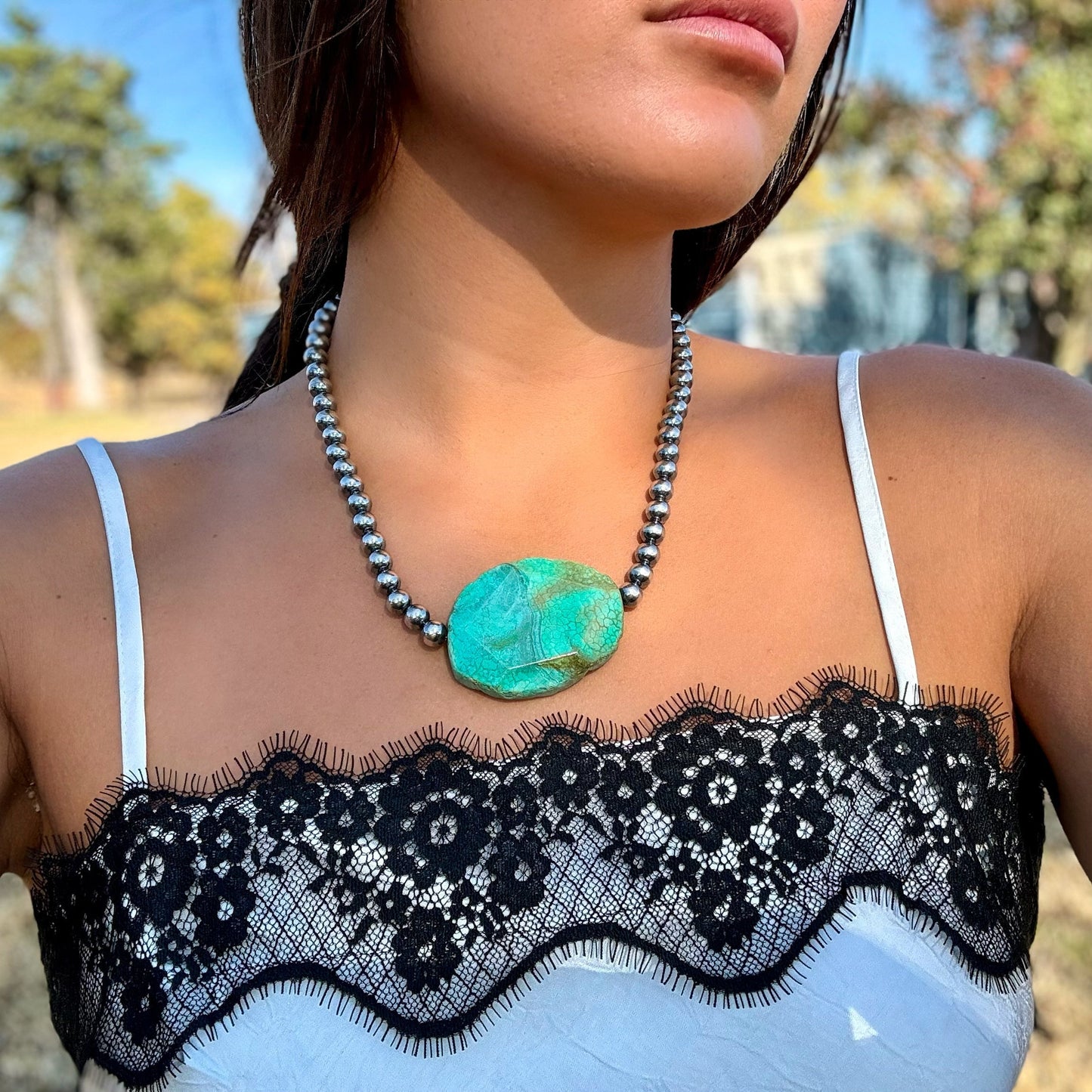 Turquoise Nugget & 8 mm Sterling Silver Pearl Necklace – 17”