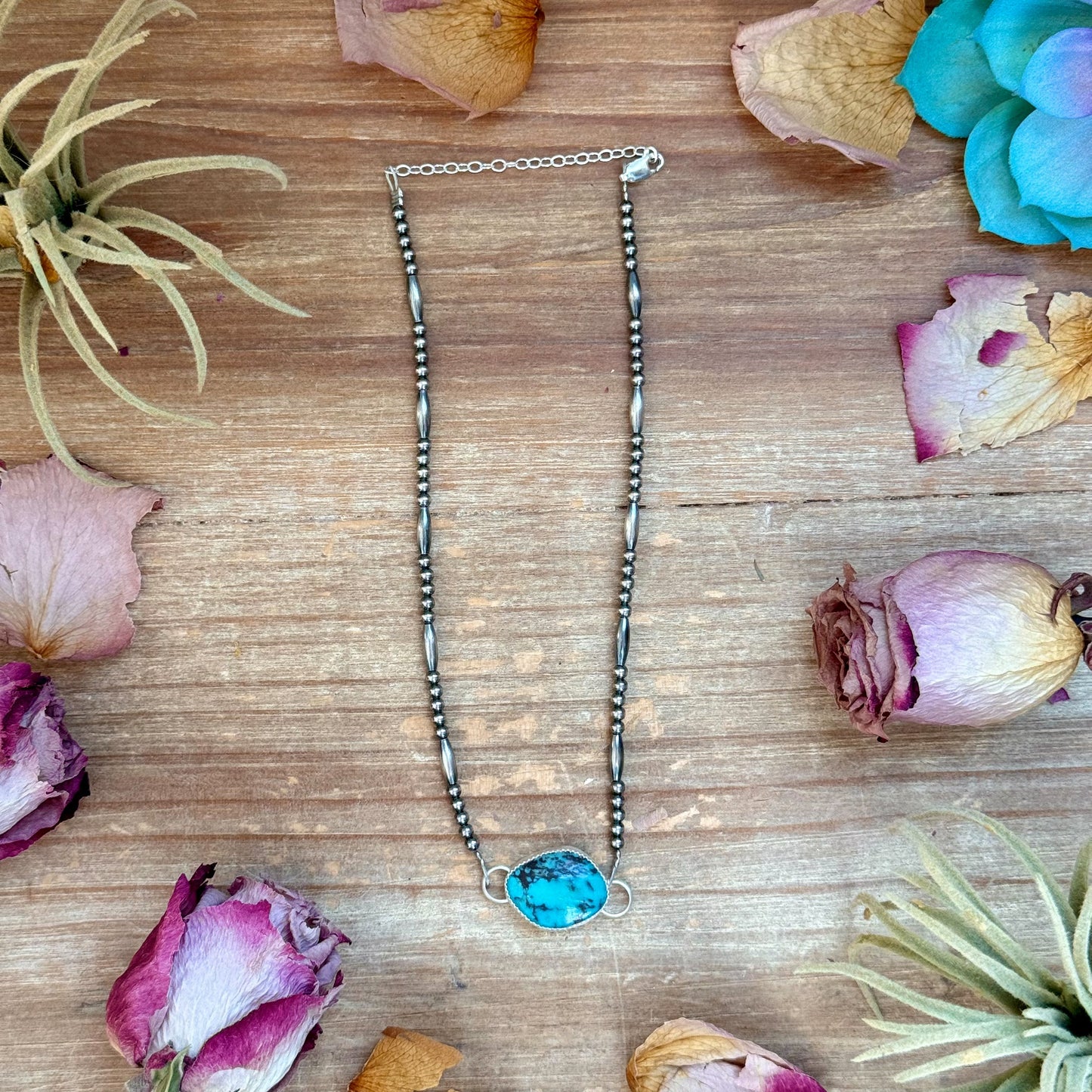 Sterling Silver Pearl & Turquoise Choker – 13” + 2” Extender – In-House Silversmithing – One of a Kind