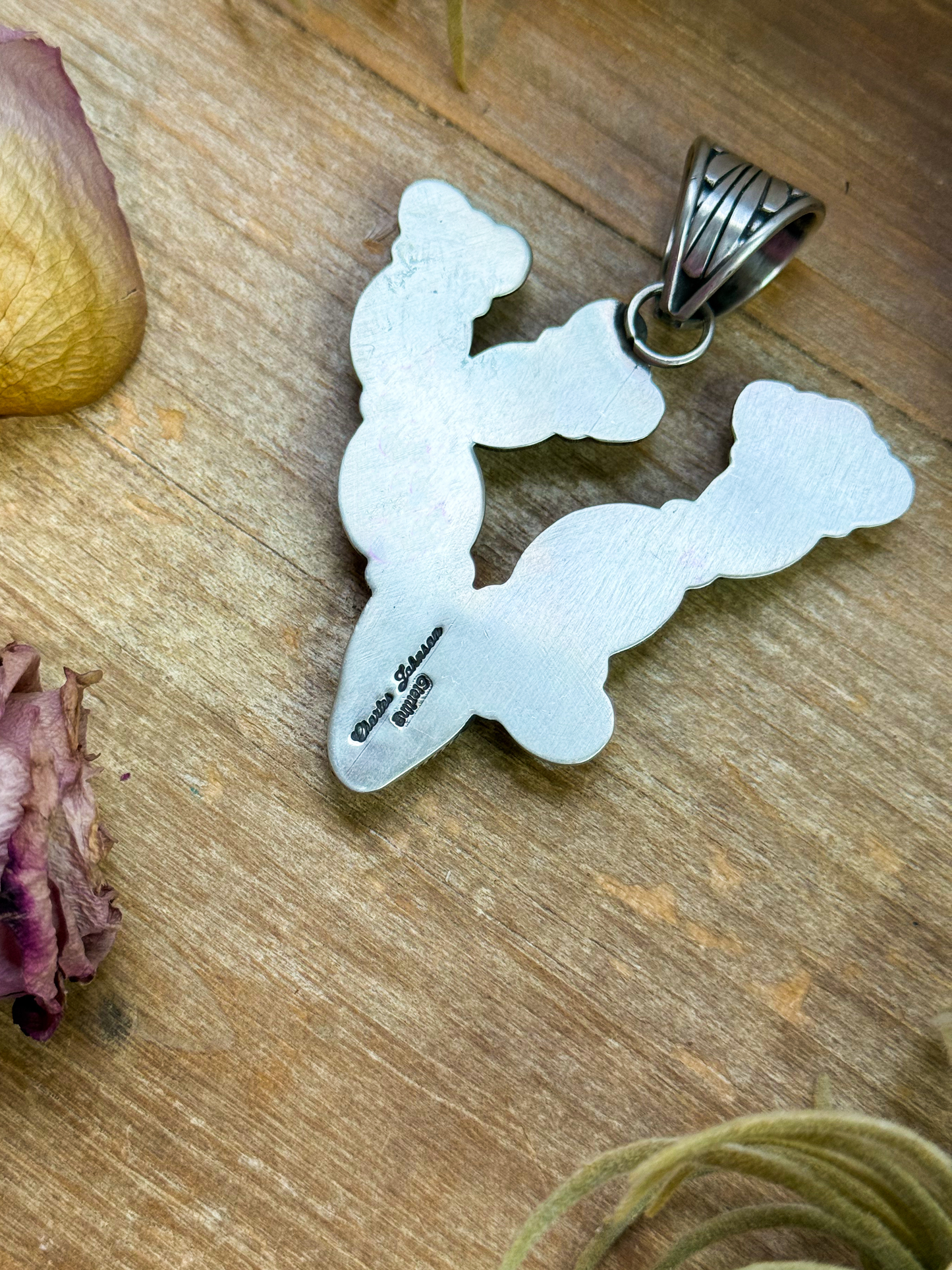 Sterling Silver Cactus Pendant with Sonoran Turquoise & Coral – Native Made by Charles Johnson