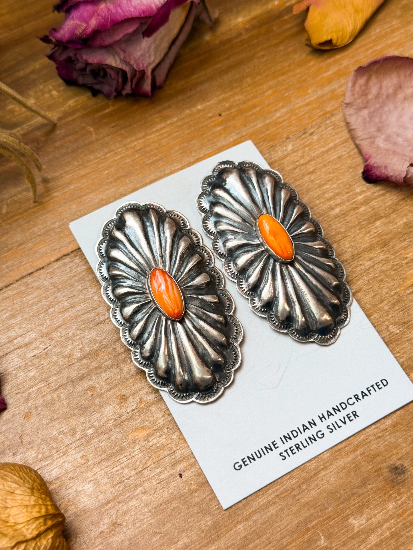 Sterling Silver Concho Earrings with Spiny Oyster – Native Made by Rita Lee
