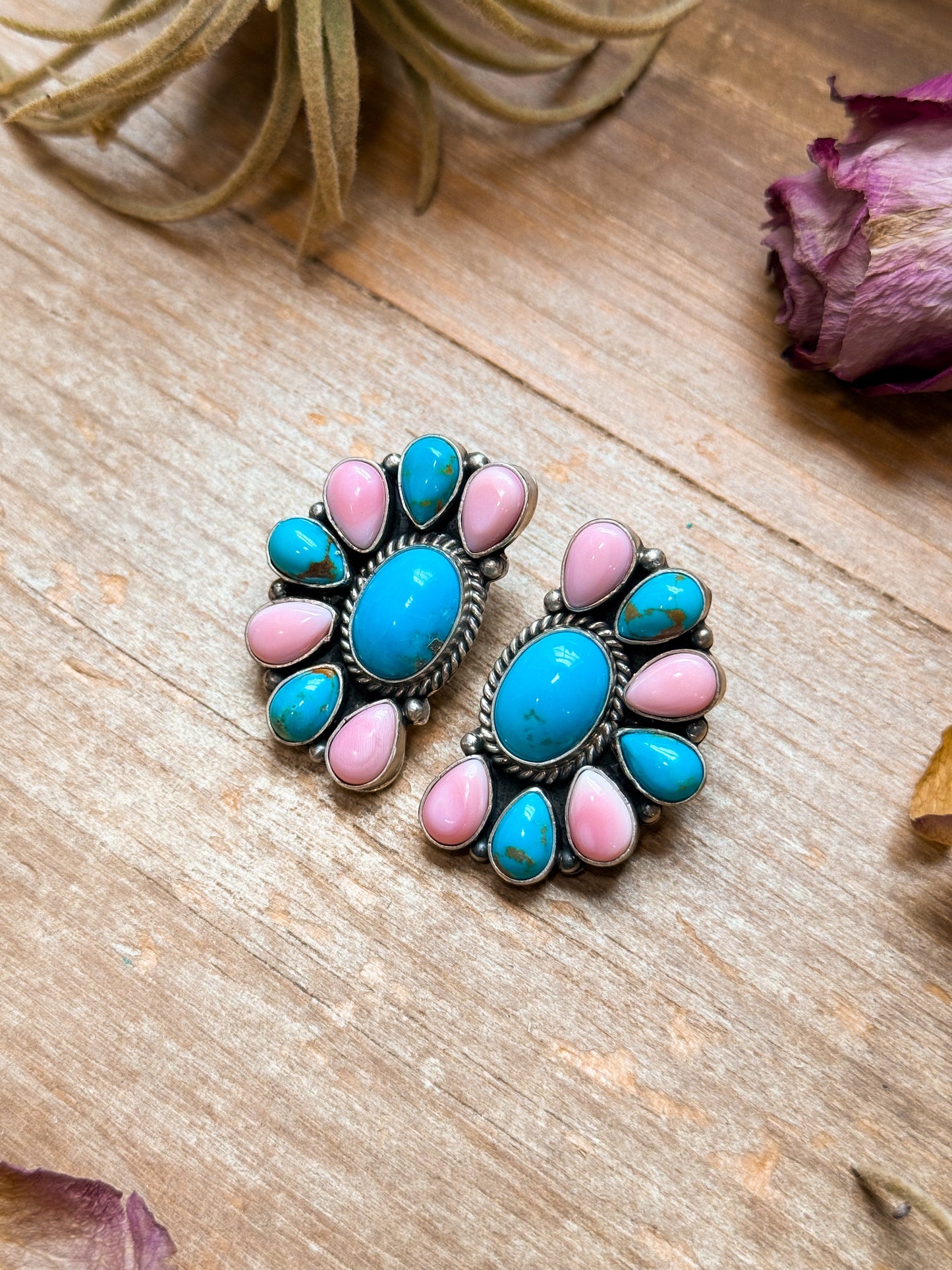 Sterling Silver Pink Conch & Kingman Turquoise Half Cluster Earrings – Native Made by E. Richards (Navajo Artist)