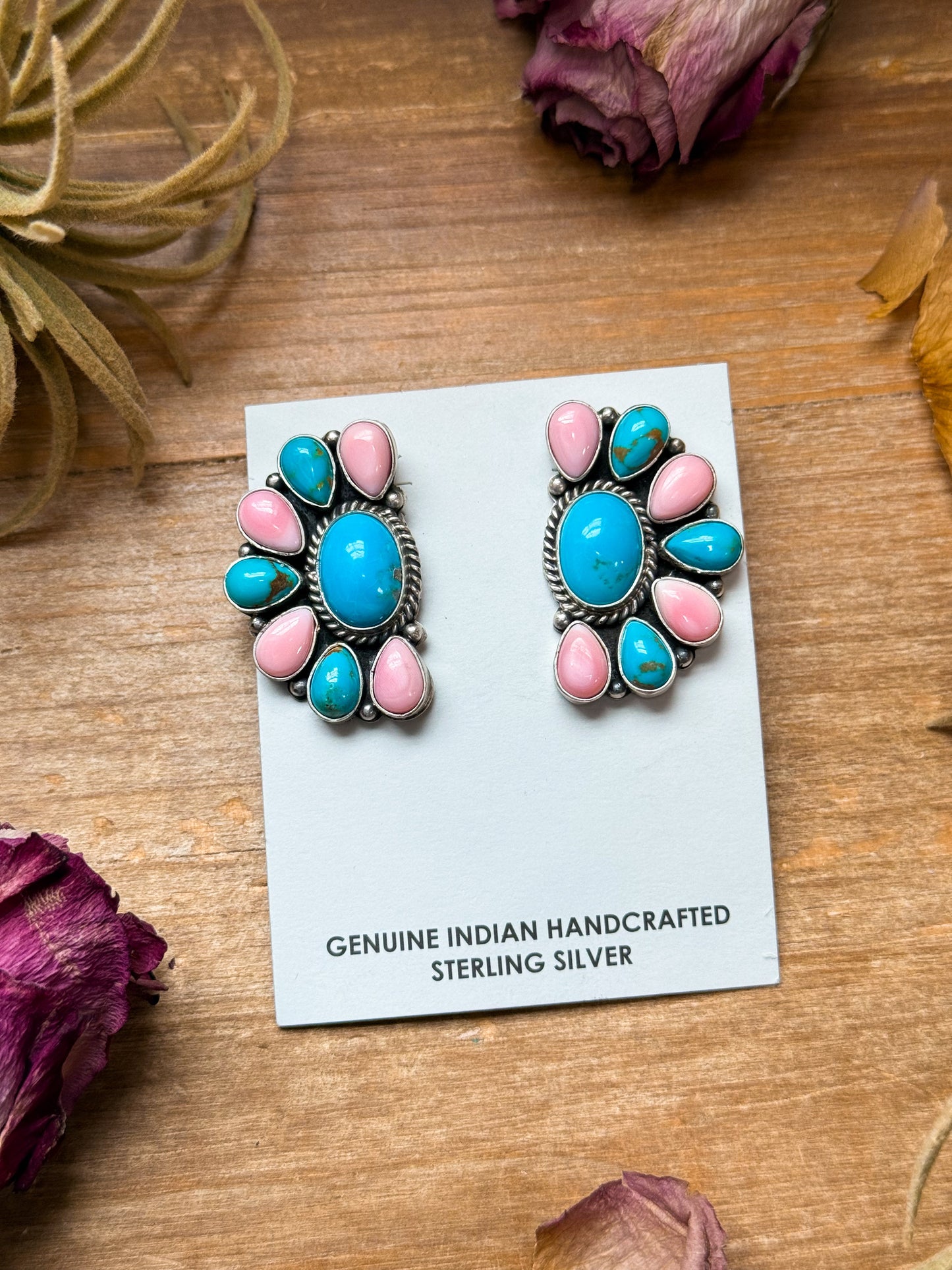 Sterling Silver Pink Conch & Kingman Turquoise Half Cluster Earrings – Native Made by E. Richards (Navajo Artist)