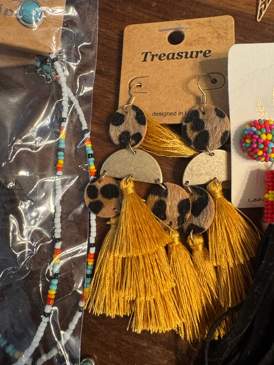 Mustard Fringe Leopard Earring