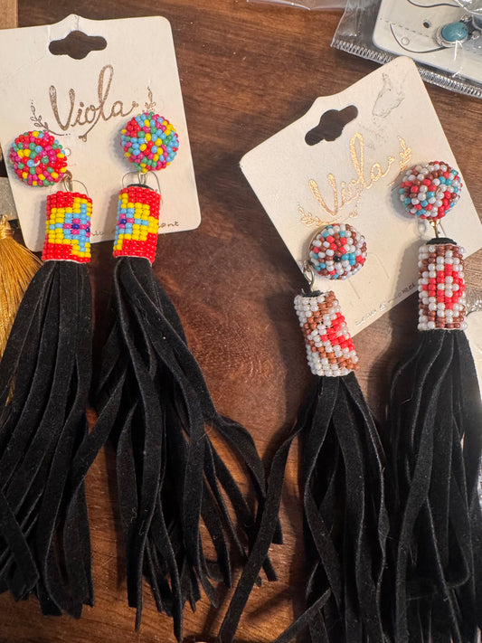 Red + White Beaded BLK fringe Earring - 2 color ways