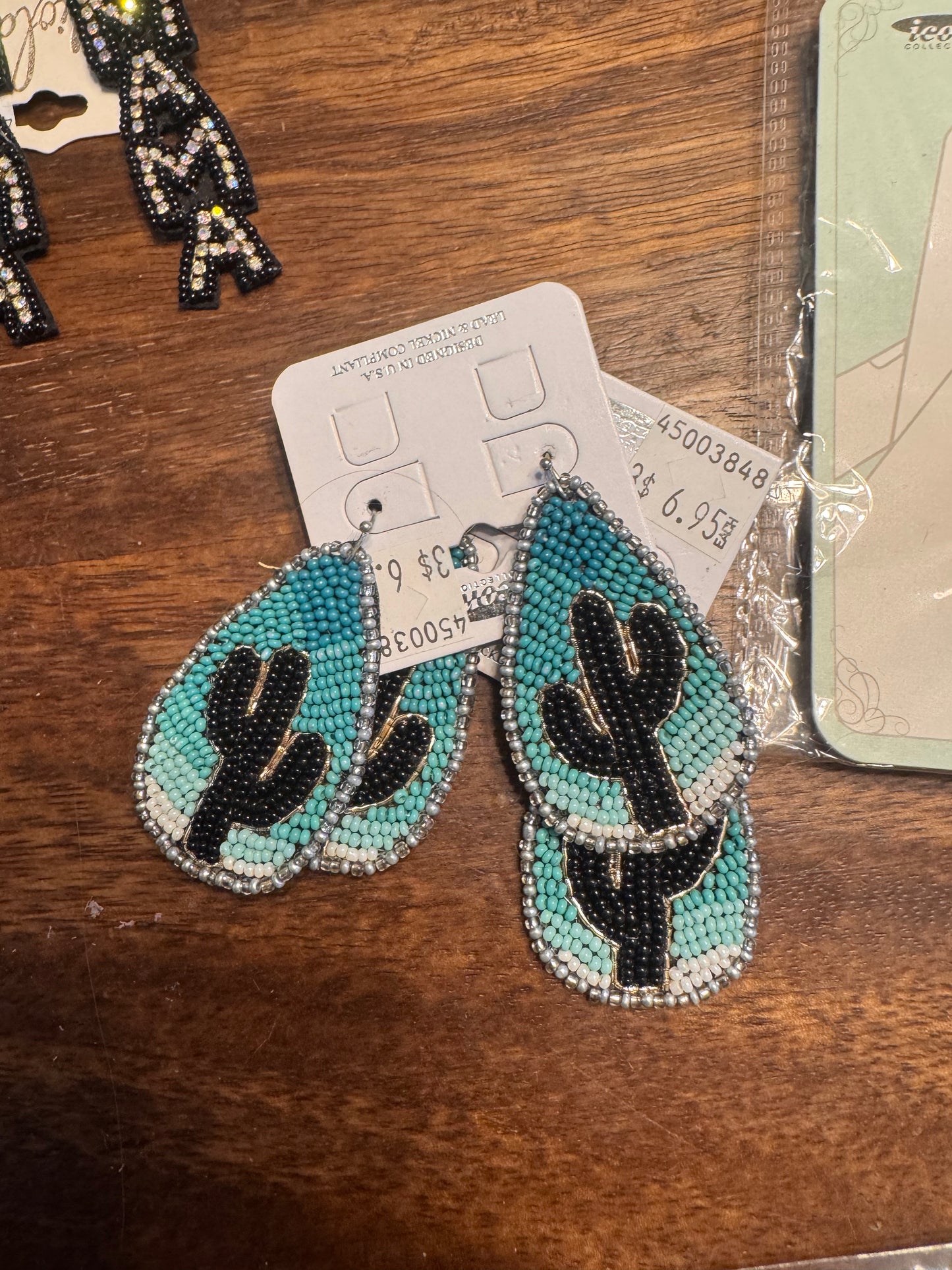 blue seed bead catus earrings