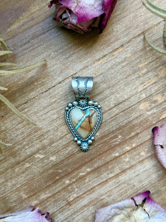 Sterling Silver Ribbon Royston Turquoise Heart Pendant – Fits Up to 10mm Beads – Artist Shay Pfeiffer