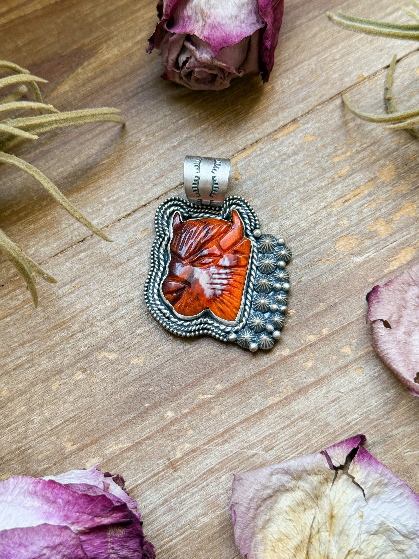 Sterling Silver Autumn Spiny Oyster Buffalo Pendant – Handmade by Artist Shay Pfeiffer