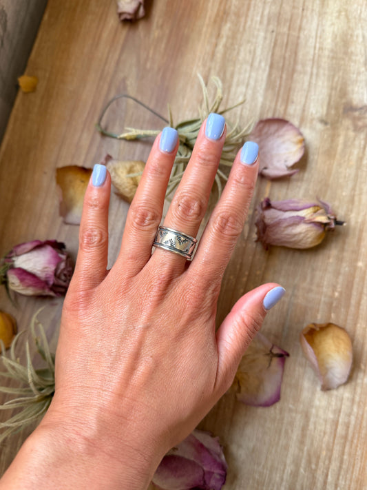 Sterling Silver Hand-Milled Wide Band Aloe Stamped Ring – Size 8.5 – Handmade by Artist Jason Ogg