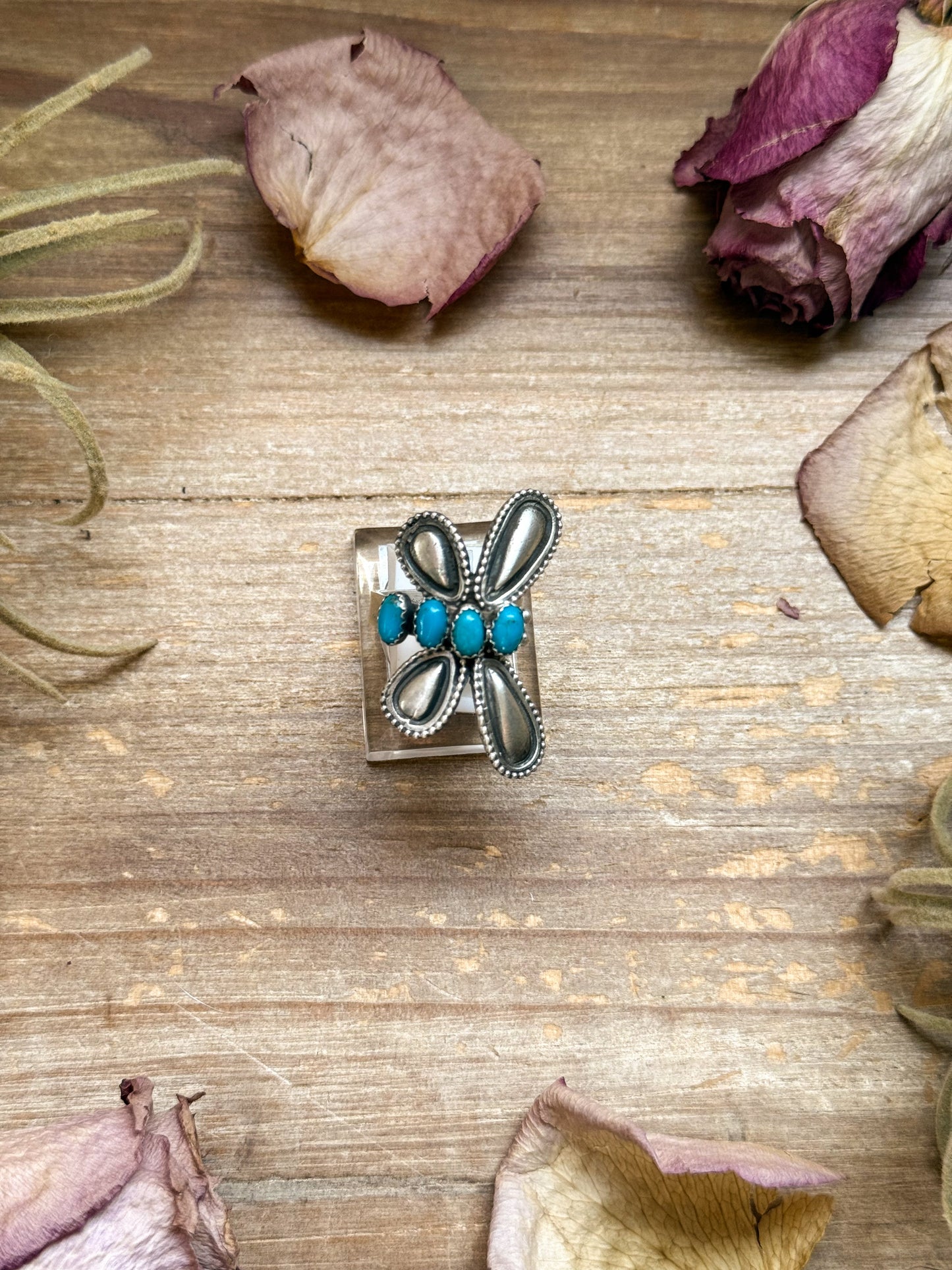 Sterling Silver Butterfly Ring with Kingman Turquoise – Adjustable