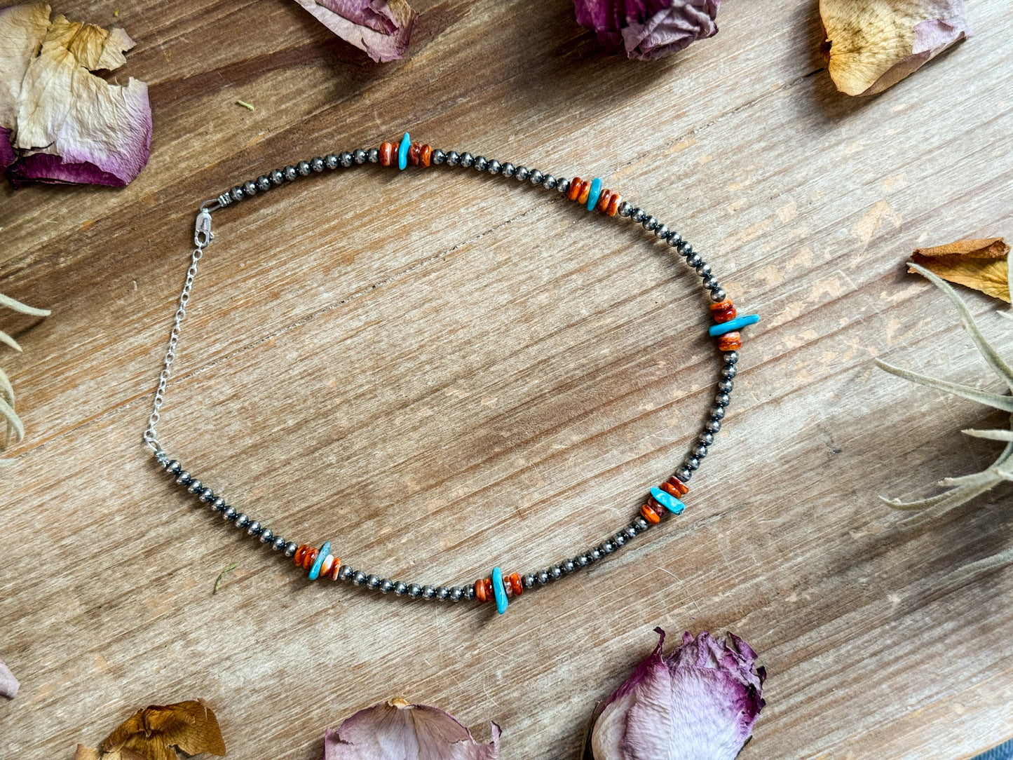 Sterling Silver Pearl Necklace with Orange Spiny Oyster & Sleeping Beauty Turquoise Chips – 14.5”