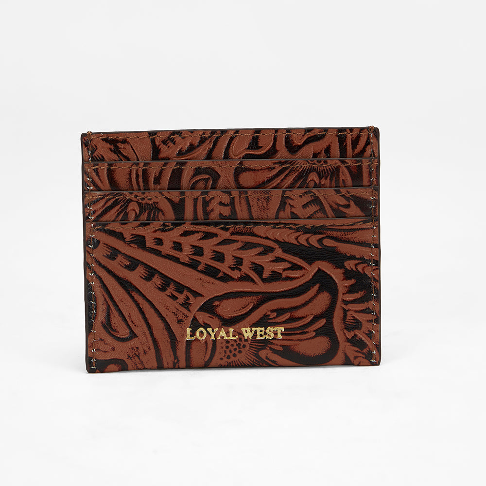 Loyal West SHELL CARD HOLDER  IN HAND FINISHED EMBOSSED LEATHER - BROWN