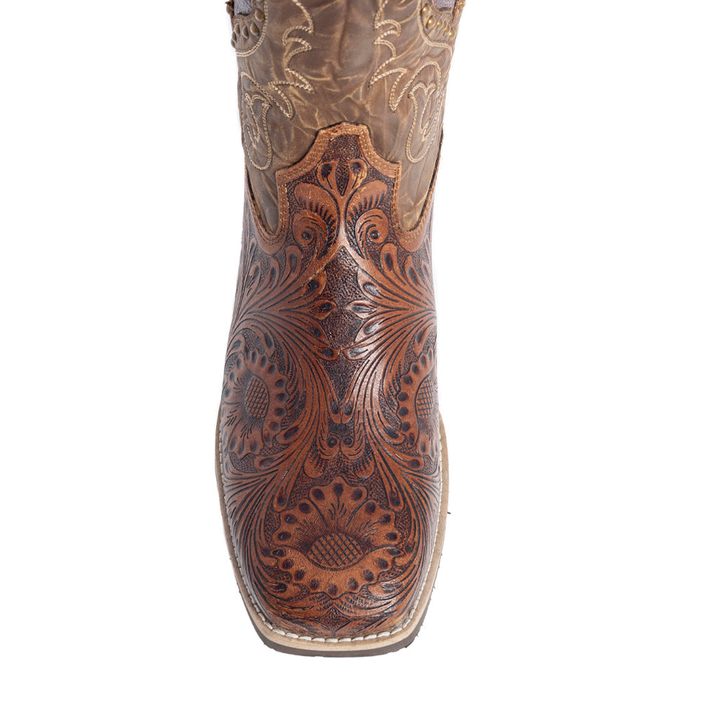 Myra Gianna Hand-Tooled Leather Boots for Women Studded Mid-Calf Western Brunch Heels with Embroidered Floral Designs