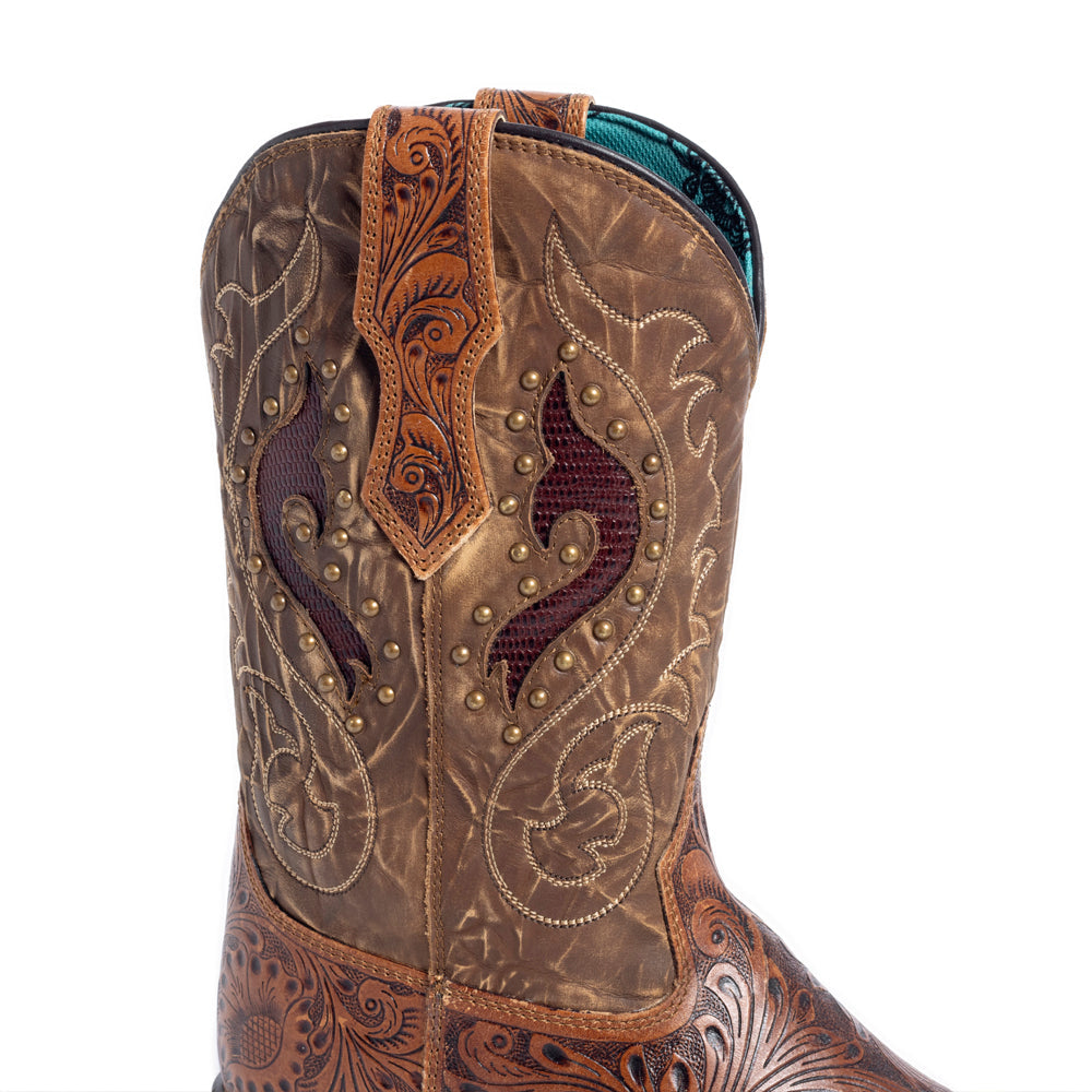 Myra Gianna Hand-Tooled Leather Boots for Women Studded Mid-Calf Western Brunch Heels with Embroidered Floral Designs