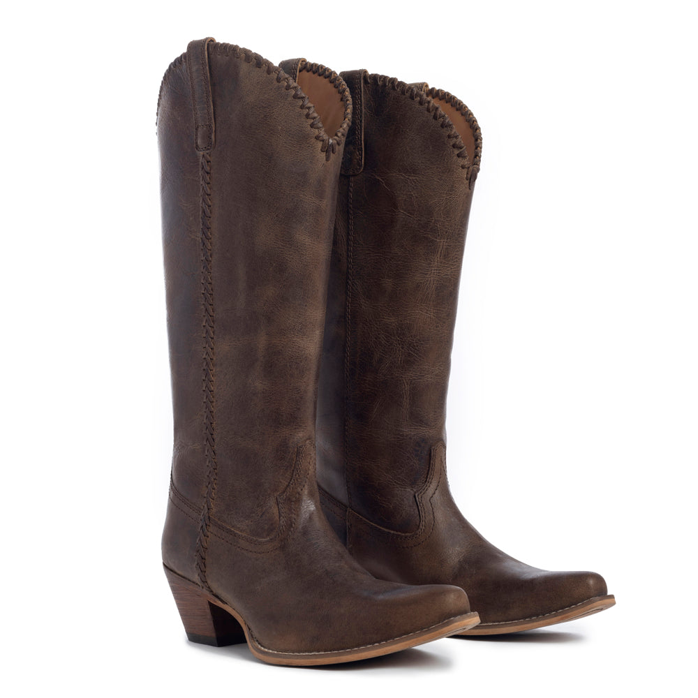 Myra High Plains Stitched Leather Boots for Women – Pointed Toe, Low Heel Cowgirl Boots with Western Tall Design