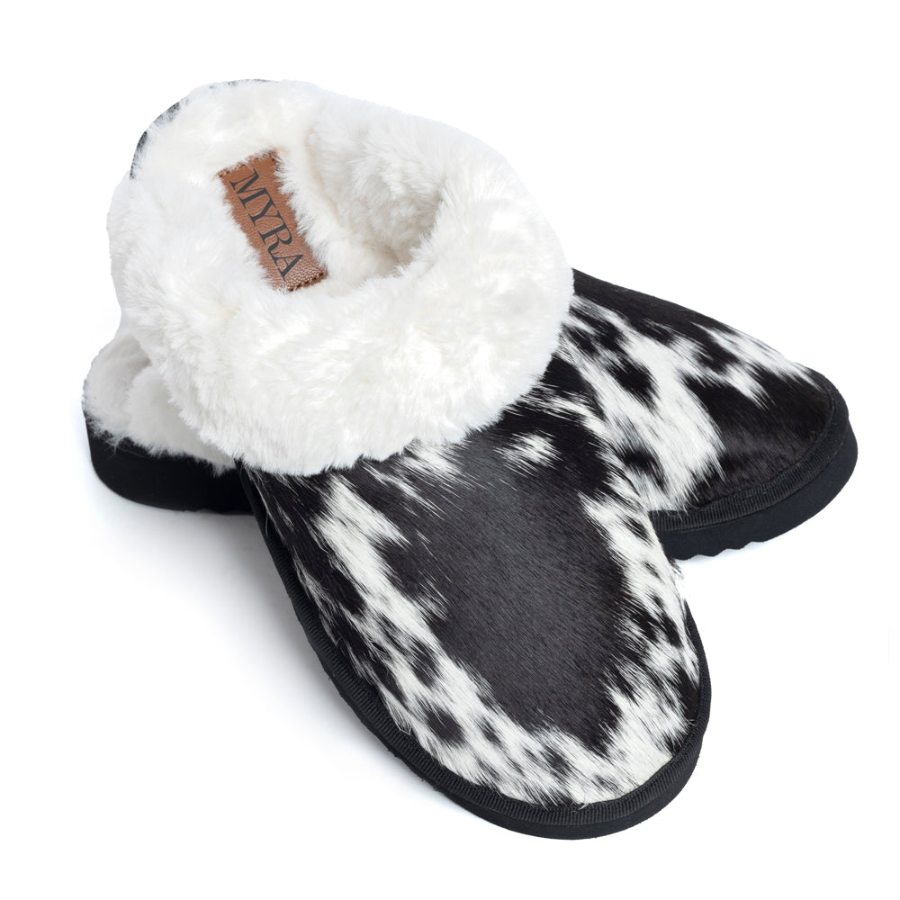 Myra Alamosa Shadow Fur-Lined Hairon Leather Slippers for Women â€“ Winter Indoor Comfort, Soft Sole, Western Style
